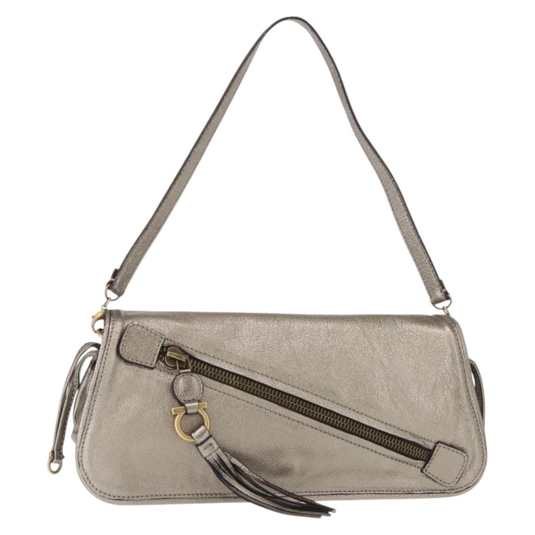Italy Made Leather Shoulder Bag by Salvatore Ferragamo in Silver: Italy Made Leather Shoulder Bag by Salvatore Ferragamo in Silver A Salvatore Ferragamo shoulder bag in silver leather, made in Italy. It features a shoulder strap with an approximate 22 cm drop and me