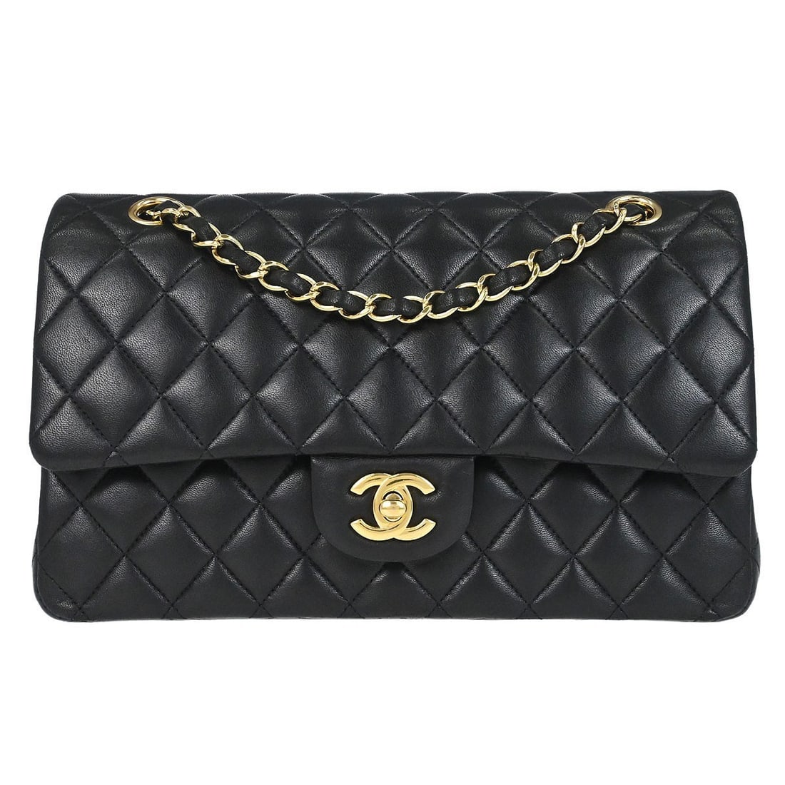 CHANEL Classic Double Flap Medium Shoulder Bag Black Lambskin: CHANEL Classic Double Flap Medium Shoulder Bag Black Lambskin Chanel Medium Classic Double Flap shoulder bag in black lambskin leather with a turn-lock closure and shoulder strap. Made in France, this