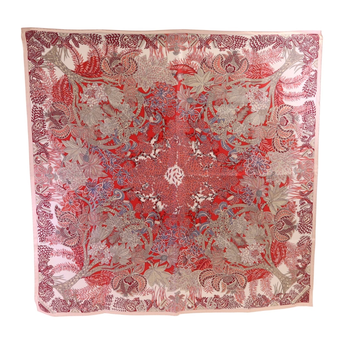 Hermes 90x90 Silk Scarf Pink Red Multicolor France: Hermes 90x90 Silk Scarf Pink Red Multicolor France A Hermes silk scarf in pink, red, and multicolor, designed in a 90 cm x 90 cm square format. It is listed for women and comes with a storage box. The