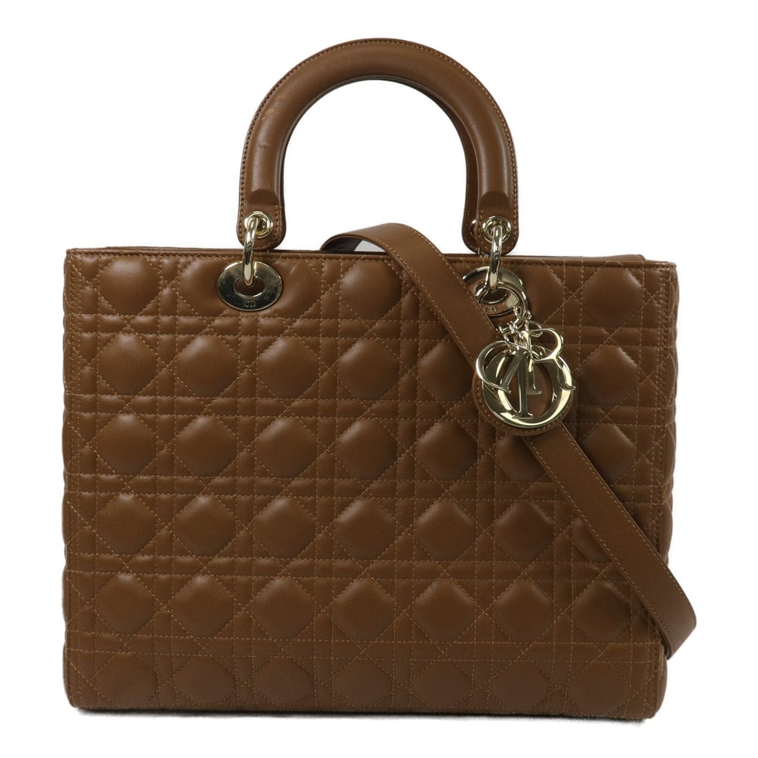 Dior Lady Dior Large Brown Lambskin 2 Way Shoulder Bag: Dior Lady Dior Large Brown Lambskin 2 Way Shoulder Bag A Christian Dior Lady Dior large 2-way shoulder bag in brown lambskin leather. It features a flap closure, one inside open pocket, one inside zip