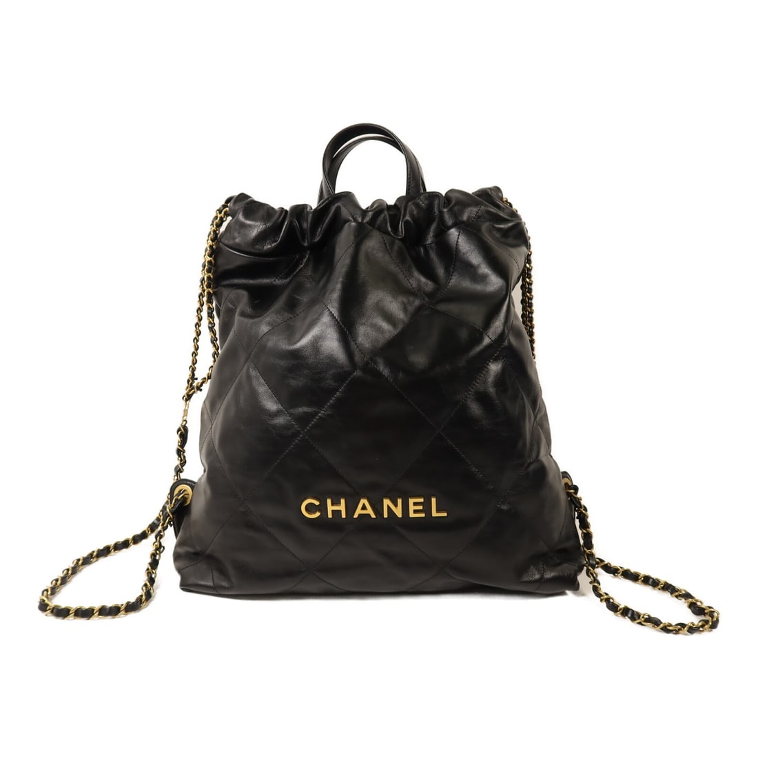 CHANEL 22 CC Backpack Black Calfskin Leather GHW: CHANEL 22 CC Backpack Black Calfskin Leather GHW Women's CHANEL rucksack backpack in black calfskin (cowhide) leather. The bag features black frame color, one inside zip pocket, and comes with a holog