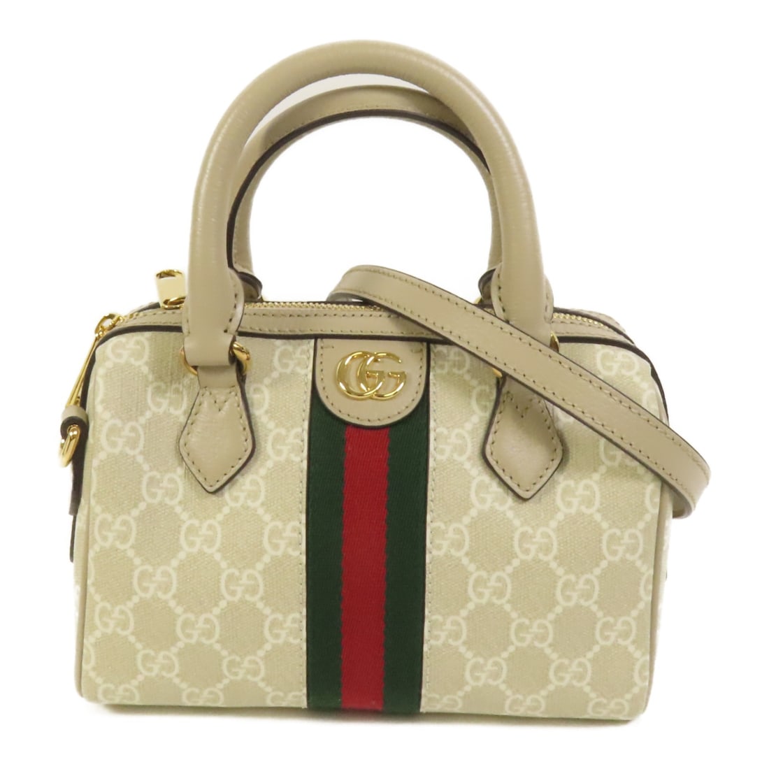Gucci Ophidia Boston 2way Shoulder Bag Beige Coated Canvas: Gucci Ophidia Boston 2way Shoulder Bag Beige Coated Canvas A Gucci GG Ophidia Boston 2way shoulder bag in beige PVC coated canvas with a beige and white colorway. It features a fastener closure, one i