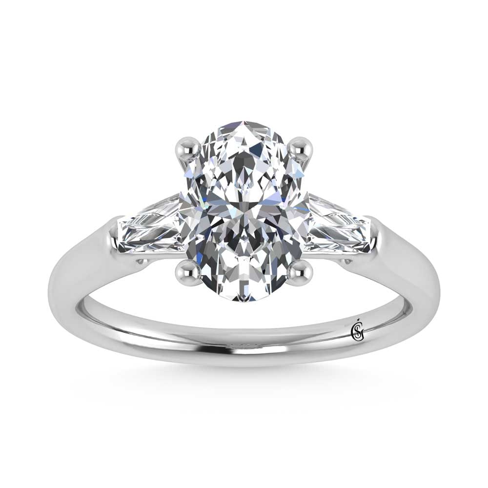 14K White Gold Lab Grown Diamond 2 5/8 Ct.Tw. Oval Shape Three Stone Engagement Ring: 14K White Gold Lab Grown Diamond 2 5/8 Ct.Tw. Oval Shape Three Stone Engagement Ring This stunning three-stone ring features a sparkling 2 CT Oval Center diamond with two shimmering side diamonds, sym