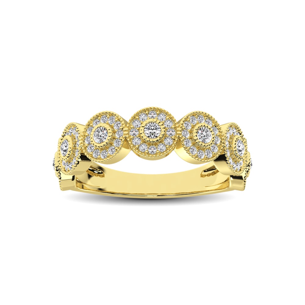 14K Yellow Gold 1/2 Ct.Tw. Diamond Stackable Band: 14K Yellow Gold 1/2 Ct.Tw. Diamond Stackable Band This glamorous ring is available in 14K Yellow Gold. There are 91 round diamonds with a total carat weight of 1/2 Ct.Tw. set in a Bezel / Shared Prong