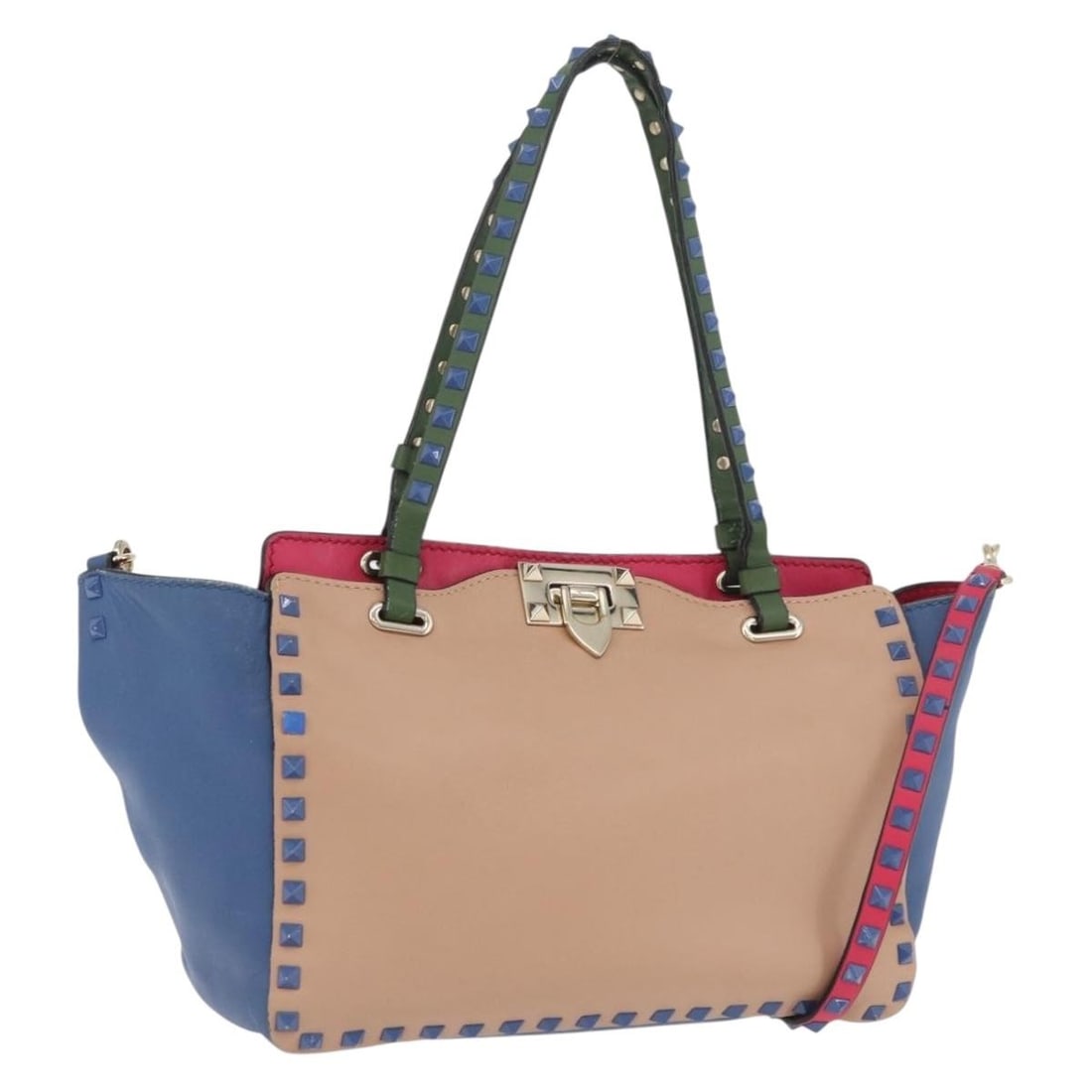 VALENTINO Rock Stud Leather 2way Handbag Multicolor Gold: VALENTINO Rock Stud Leather 2way Handbag Multicolor Gold Valentino Rock Studs 2-way handbag crafted in leather with a multicolor exterior and gold-tone accents. Made in Italy, this women's bag include