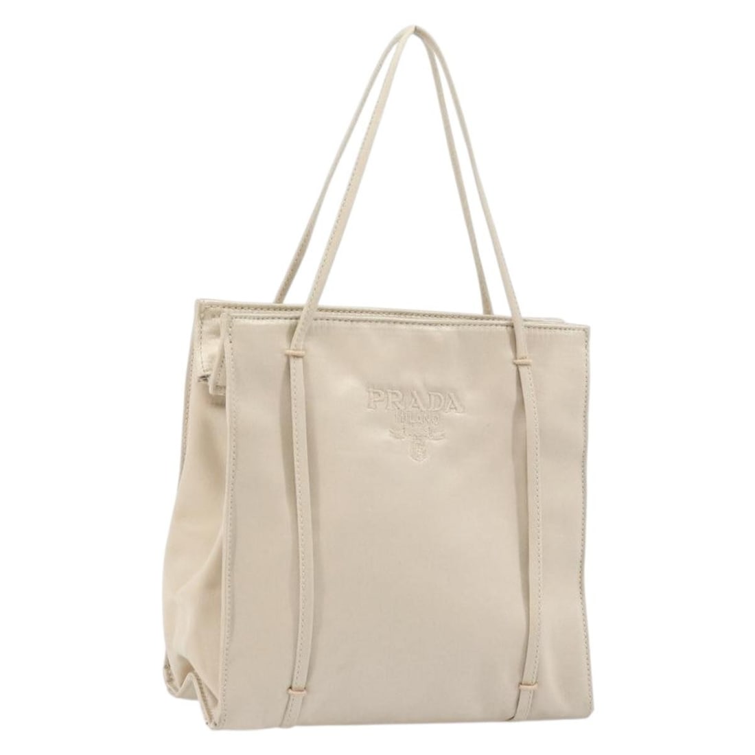 PRADA Satin Hand Bag Silver Metallic Beige with Guarantee Card: PRADA Satin Hand Bag Silver Metallic Beige with Guarantee Card Authentic Prada women's handbag in satin with a silver and metallic beige exterior. Made in Italy, this compact bag includes the guarante