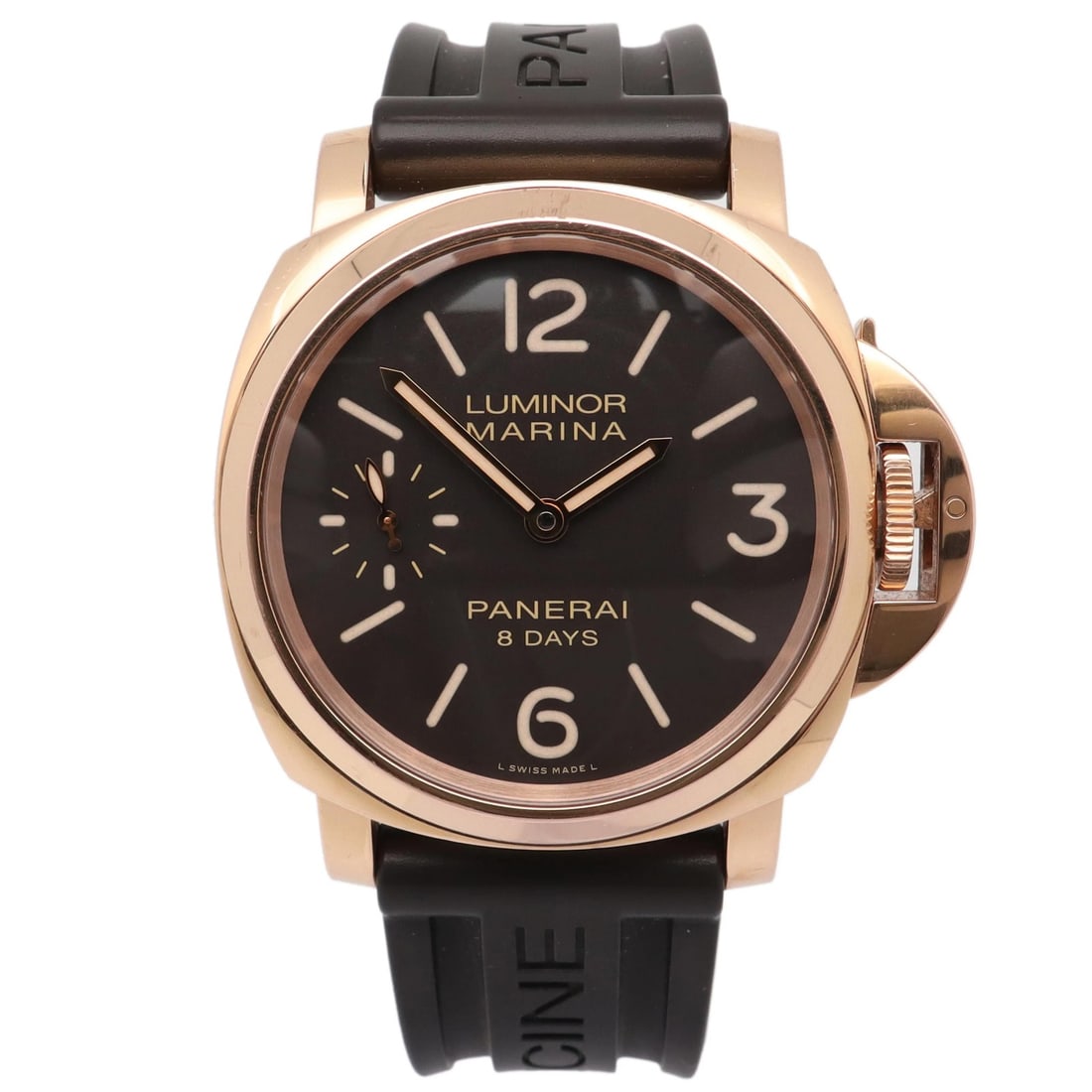 Panerai PAM00511 Luminor Marina 44mm 18K Rose Gold Manual Watch: Panerai PAM00511 Luminor Marina 44mm 18K Rose Gold Manual Watch Panerai Luminor Marina 44 8 Days wristwatch in 18K rose gold with a manual-wind movement and brown analog dial. This men's watch feature