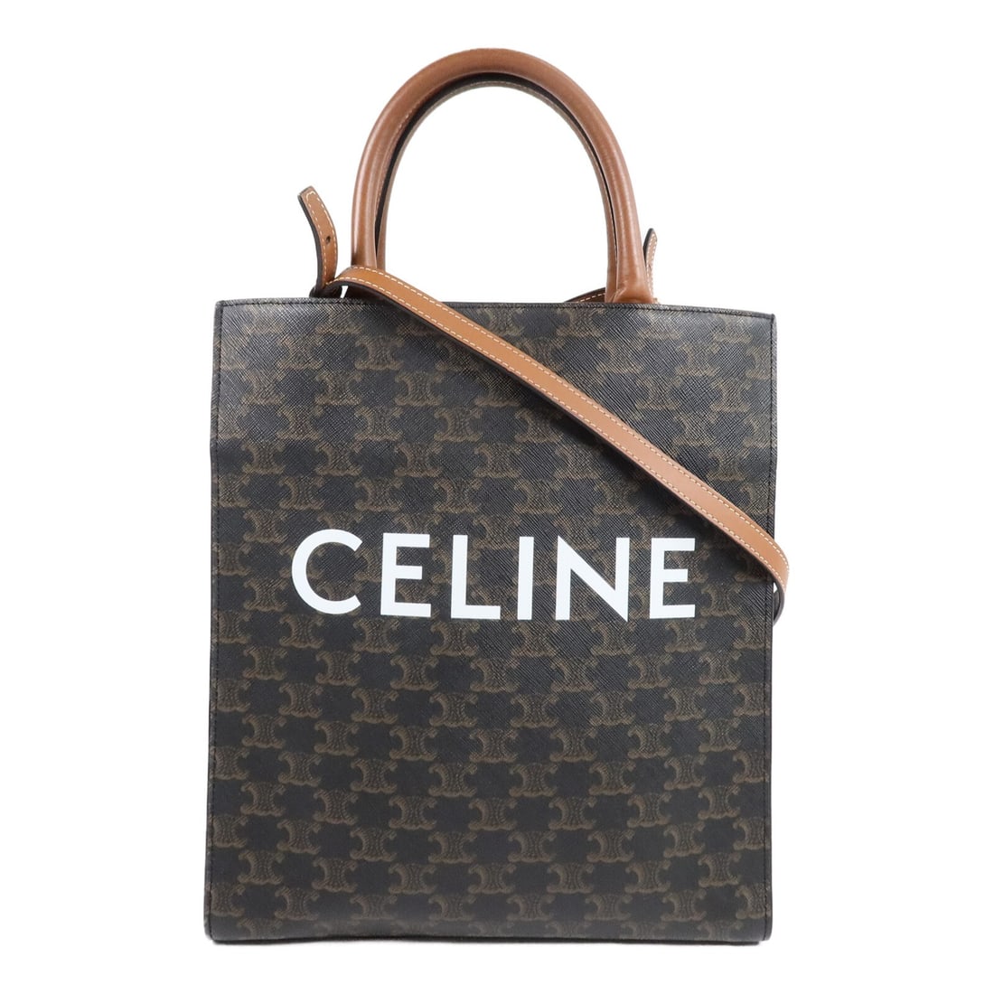 CELINE Triomphe Cabas Brown PVC Coated Canvas Tote Bag GHW: CELINE Triomphe Cabas Brown PVC Coated Canvas Tote Bag GHW A CELINE Triomphe Cabas tote bag in brown PVC coated canvas. It features a top handle, a shoulder strap, and an interior zip pocket. The bag 