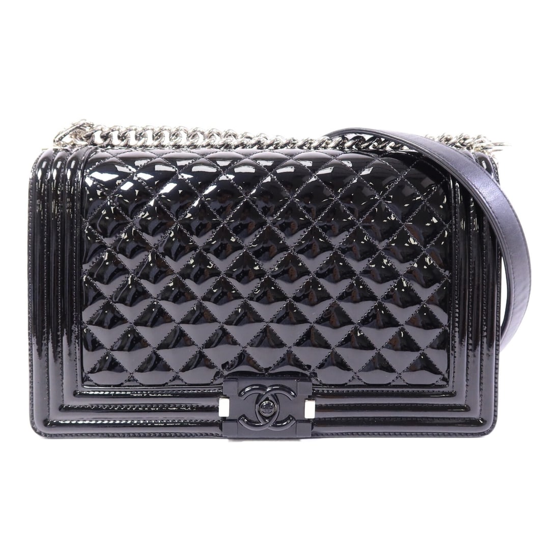 CHANEL Boy 28 Patent Leather 2 Way Shoulder Bag Black SHW: CHANEL Boy 28 Patent Leather 2 Way Shoulder Bag Black SHW CHANEL 2-way shoulder bag in black patent leather with CC SHW Boy 28 Chain styling. It features a black frame color, a shoulder strap length o