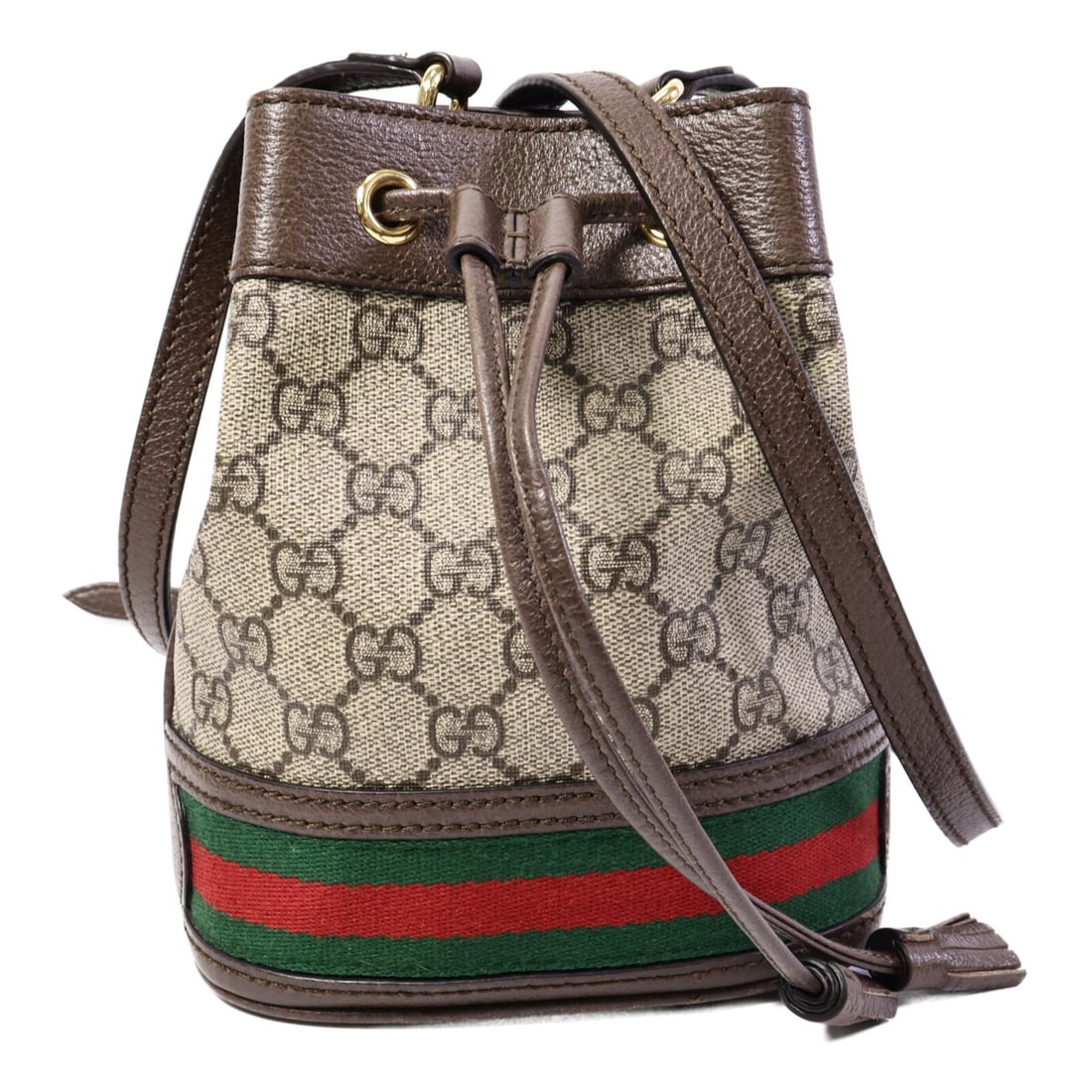 Gucci Ophidia 550620 Mini Bucket Shoulder Bag Brown Coated Canvas: Gucci Ophidia 550620 Mini Bucket Shoulder Bag Brown Coated Canvas This Gucci Ophidia Mini Bucket Shoulder Bag is a women's shoulder bag in brown PVC coated canvas. It features the GG motif and gold ha