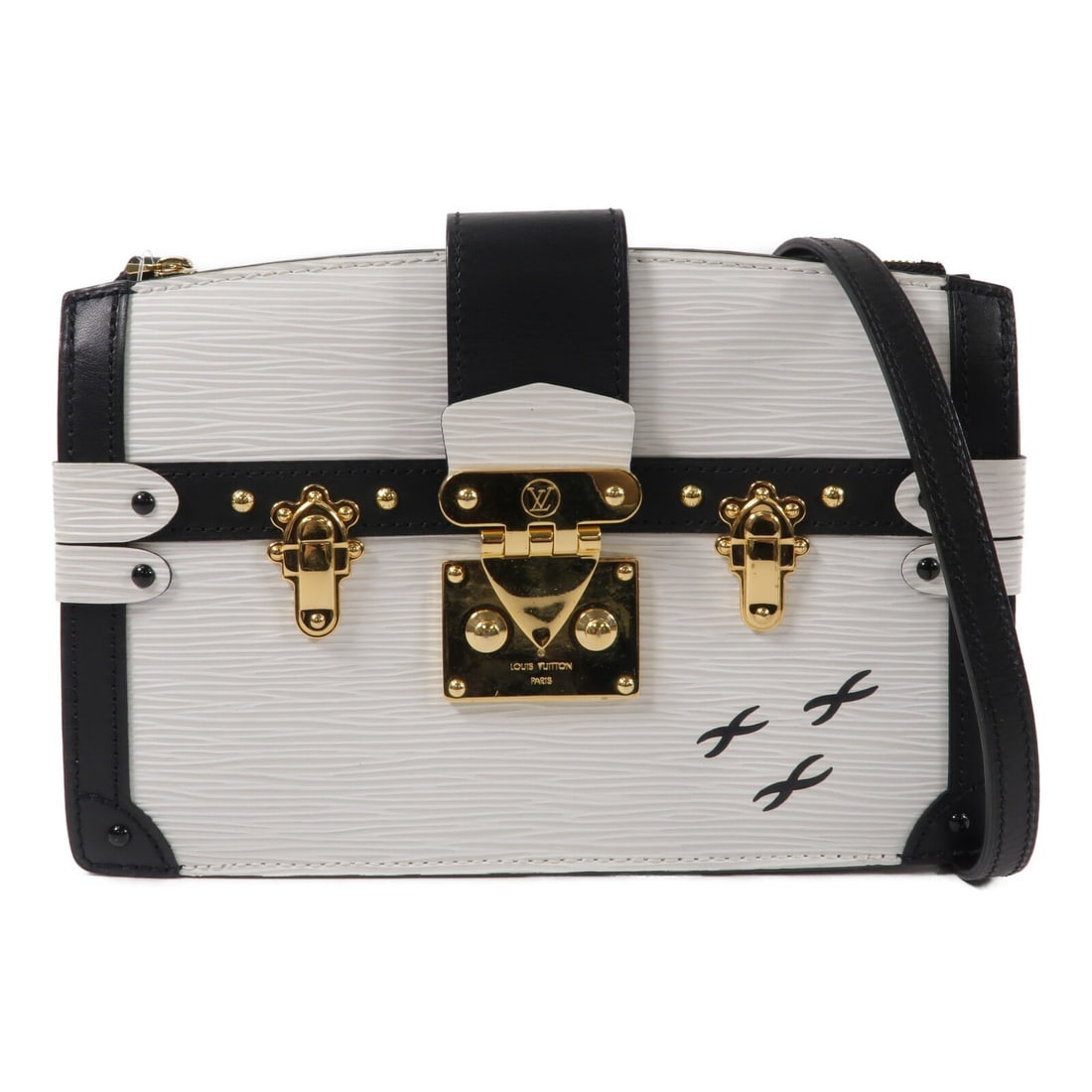 Louis Vuitton M52151 Epi Calfskin Trunk Clutch Bag White Black: Louis Vuitton M52151 Epi Calfskin Trunk Clutch Bag White Black Louis Vuitton Trunk Clutch Shoulder Bag, model M52151, crafted in Epi leather with calfskin (cowhide) accents. It features a white and bl