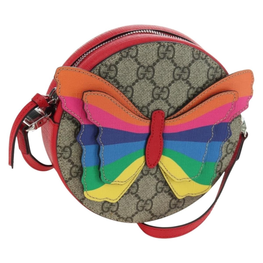 Gucci 550782 GG Supreme Butterfly PVC Leather Shoulder Bag Beige Silver: Gucci 550782 GG Supreme Butterfly PVC Leather Shoulder Bag Beige Silver This Gucci GG Supreme Butterfly shoulder bag is crafted in PVC leather and GG canvas with a beige and silver colorway. It is a w