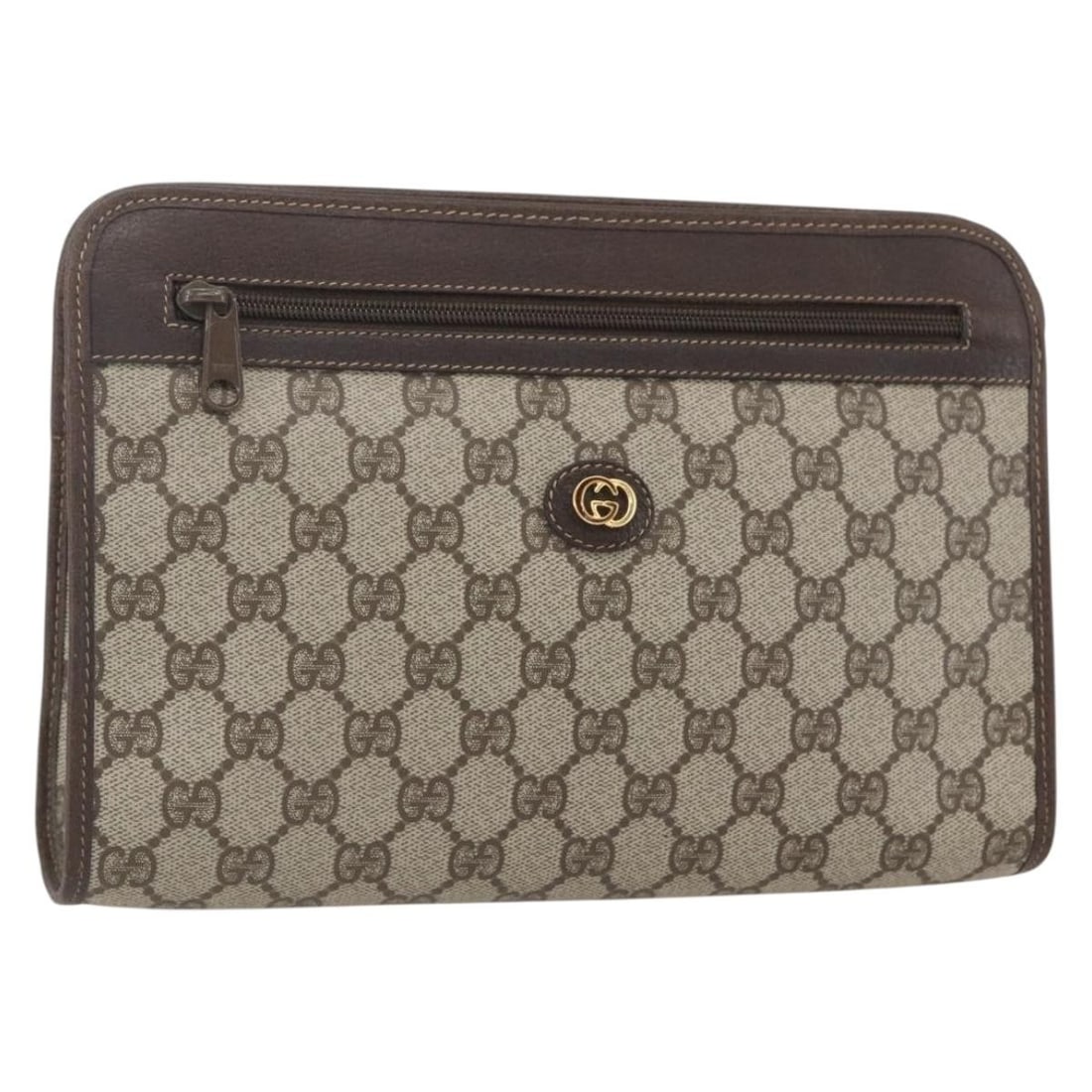 GUCCI GG Supreme Beige Gold Clutch Bag PVC Auth 97 01 037: GUCCI GG Supreme Beige Gold Clutch Bag PVC Auth 97 01 037 Introducing the GUCCI GG Supreme Clutch Bag, a sophisticated accessory crafted in Italy. This stylish clutch features a chic combination of be