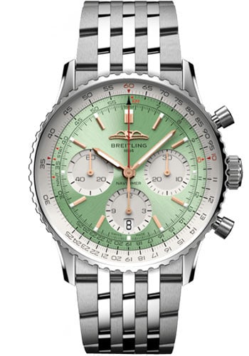 Breitling Navitimer B01 Mint Green Chronograph AB0139211L1A1 Bracelet with Card: Breitling Navitimer B01 Mint Green Chronograph AB0139211L1A1 Bracelet with Card This Breitling Navitimer B01 Chronograph features a striking mint green dial and comes on a matching bracelet. The watch