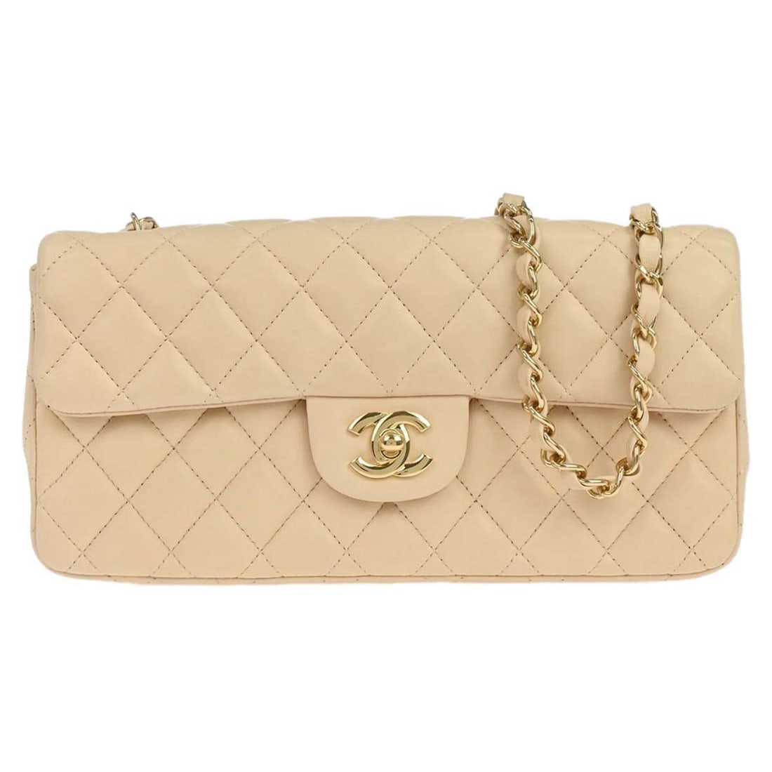 CHANEL East West Beige Lambskin Medium Shoulder Bag: CHANEL East West Beige Lambskin Medium Shoulder Bag Chanel East West shoulder bag in beige lambskin, designed for casual wear. It features a flap turnlock closure, chain strap, and inner pockets. The 