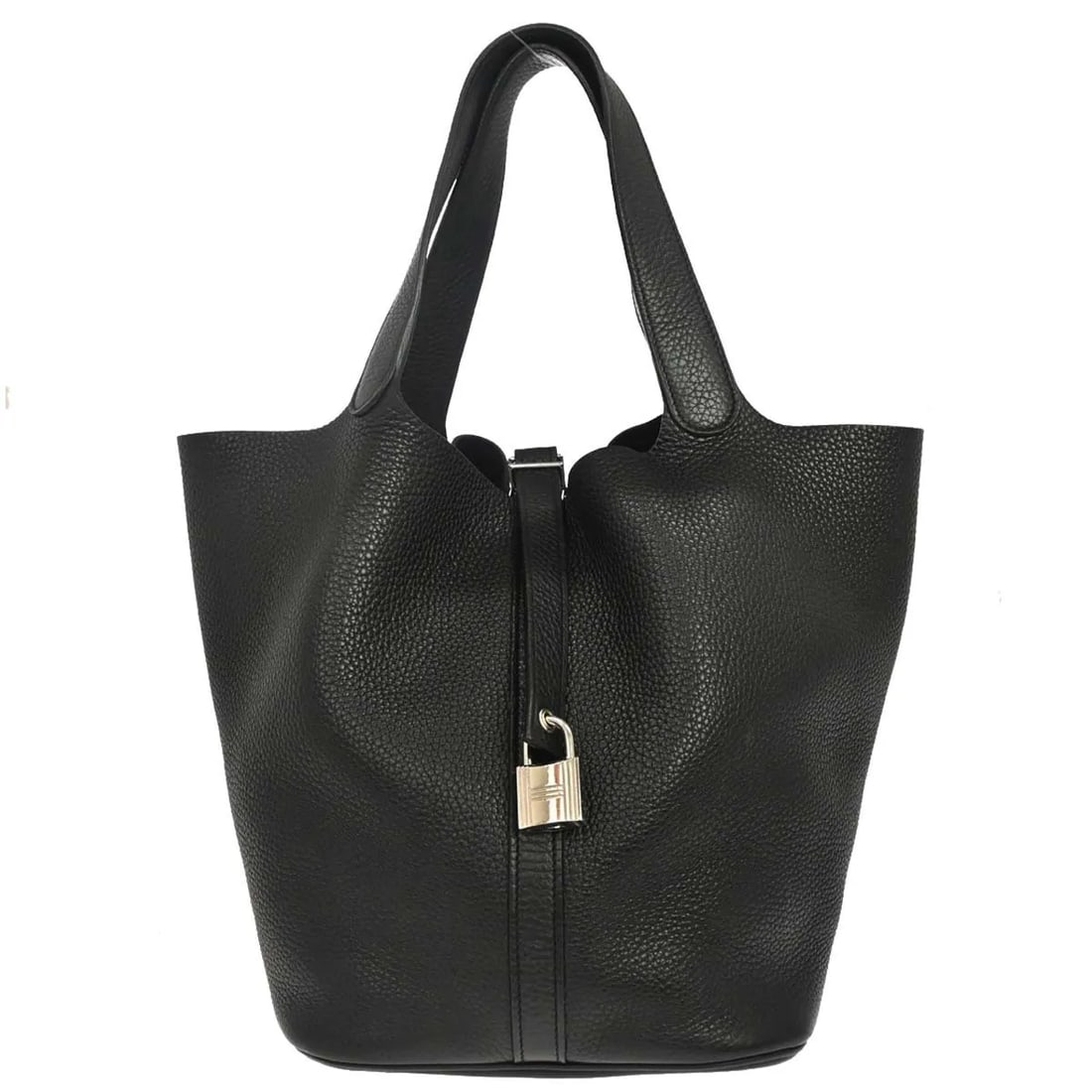 Hermes Picotin Lock black leather handbag 22cm x 27cm x 27cm: Hermes Picotin Lock black leather handbag 22cm x 27cm x 27cm Hermes Picotin Lock Clemence handbag for women in black leather. Made in France, this piece measures 22 cm x 27 cm x 27 cm and is described