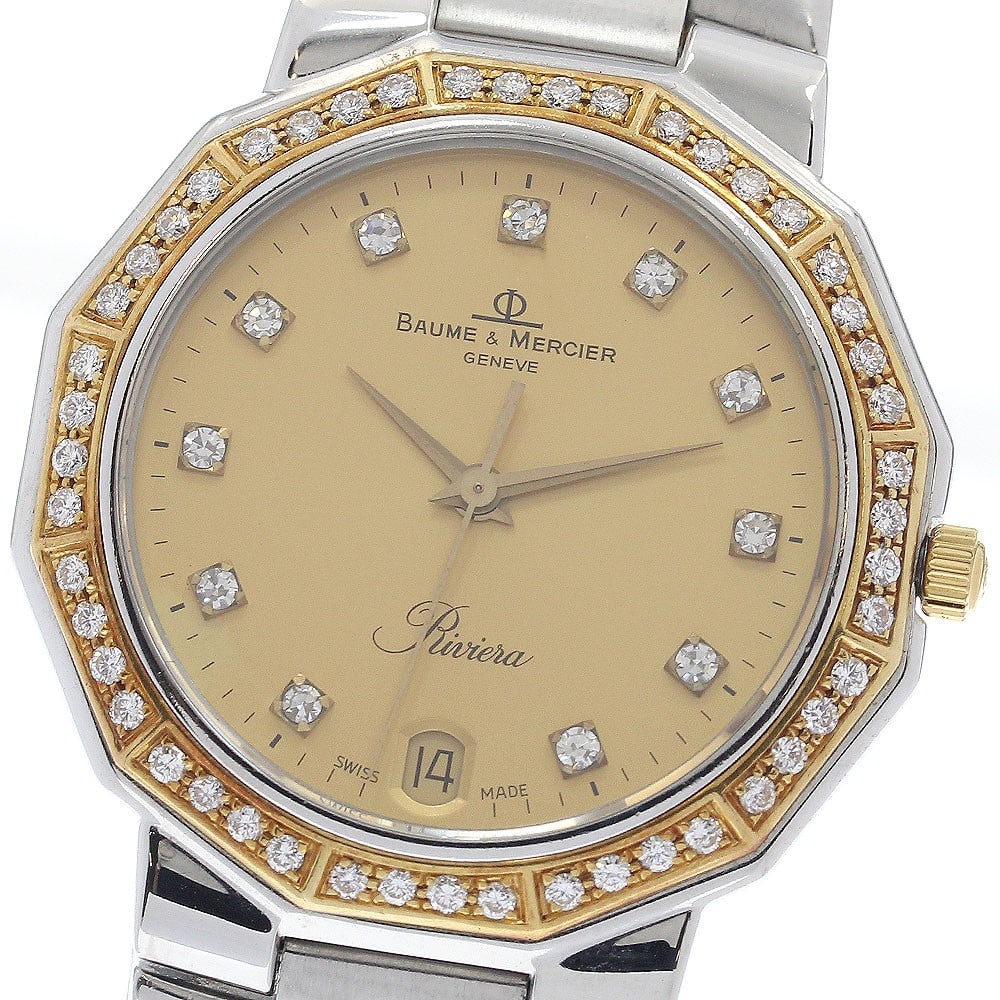 Baume Mercier Riviera 5131.3 mens quartz watch diamond bezel 11P: Baume Mercier Riviera 5131.3 mens quartz watch diamond bezel 11P Baume & Mercier Riviera men's wristwatch, reference 5131.3, with a diamond bezel and gold dial. It features a quartz movement, date fun