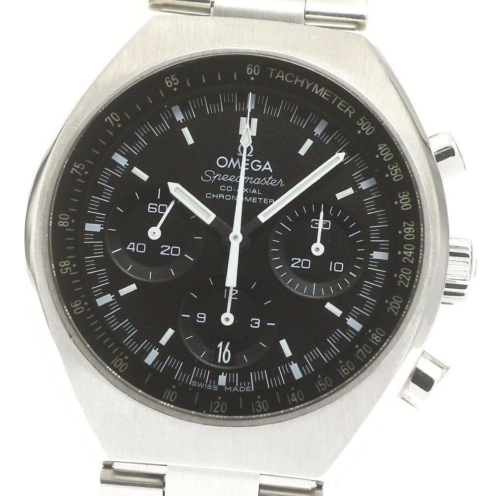 OMEGA Speedmaster Mark II Black Dial Chronograph Automatic Watch: OMEGA Speedmaster Mark II Black Dial Chronograph Automatic Watch This OMEGA Speedmaster Mark II Chronograph Automatic wristwatch features a stainless steel case and band, complemented by a black dial.