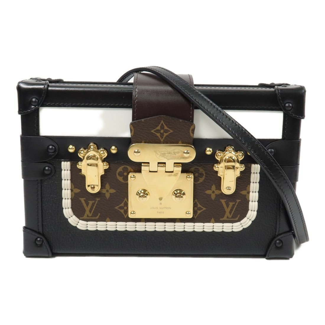 Louis Vuitton Petite Malle Black Calfskin Shoulder Bag M55436: Louis Vuitton Petite Malle Black Calfskin Shoulder Bag M55436 A Louis Vuitton Petite Malle shoulder bag in black calfskin leather, model M55436. It features a shoulder strap, a magnetic pocket, and on