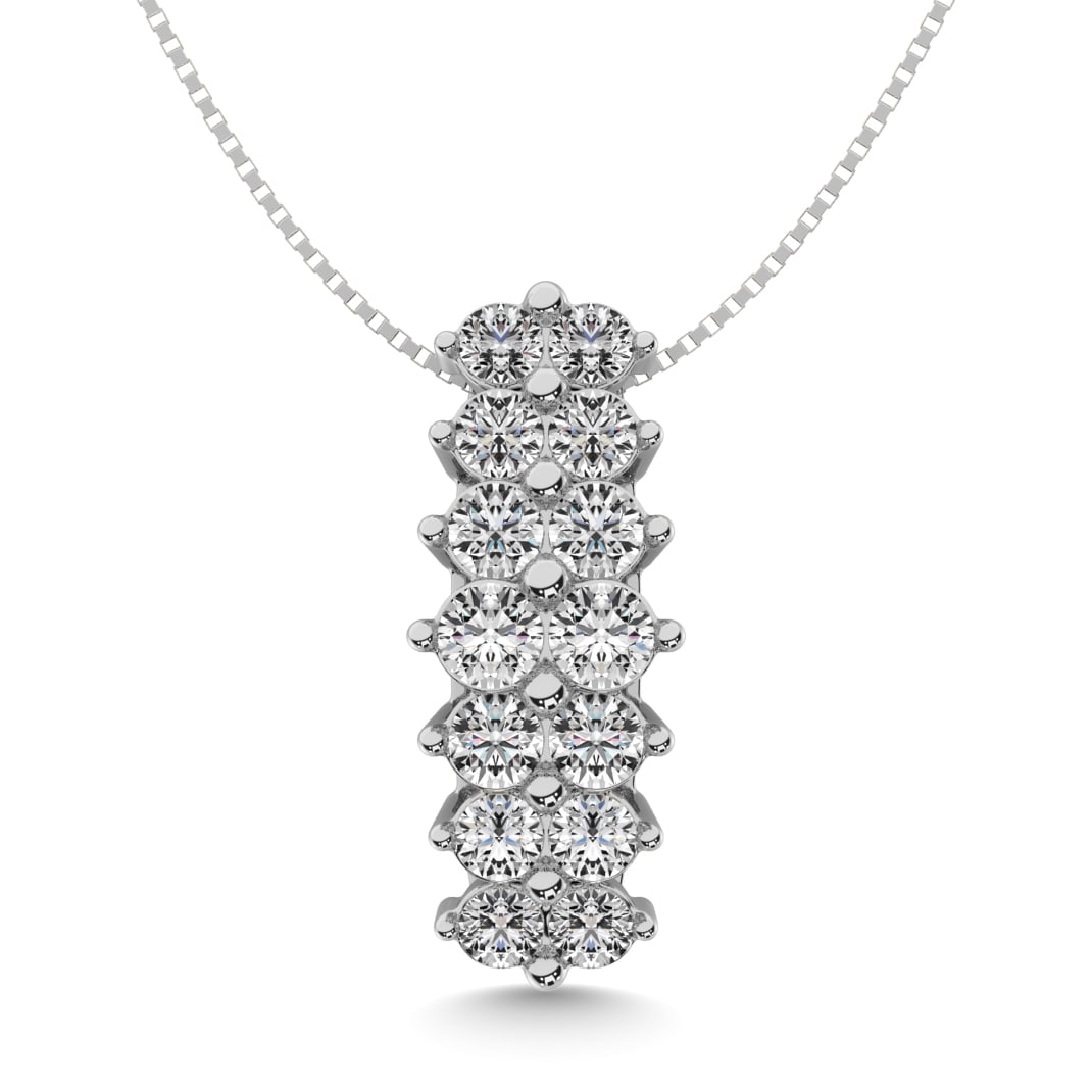 Diamond 1 1/2 Ct.tw Round Cut Pyramid Pendant in 14K White Gold: Diamond 1 1/2 Ct.tw Round Cut Pyramid Pendant in 14K White Gold 14k White Gold Stone Color: G-h Stone Clarity: Si2 Unless otherwise specified, pendants that include a chain are paired with our standar