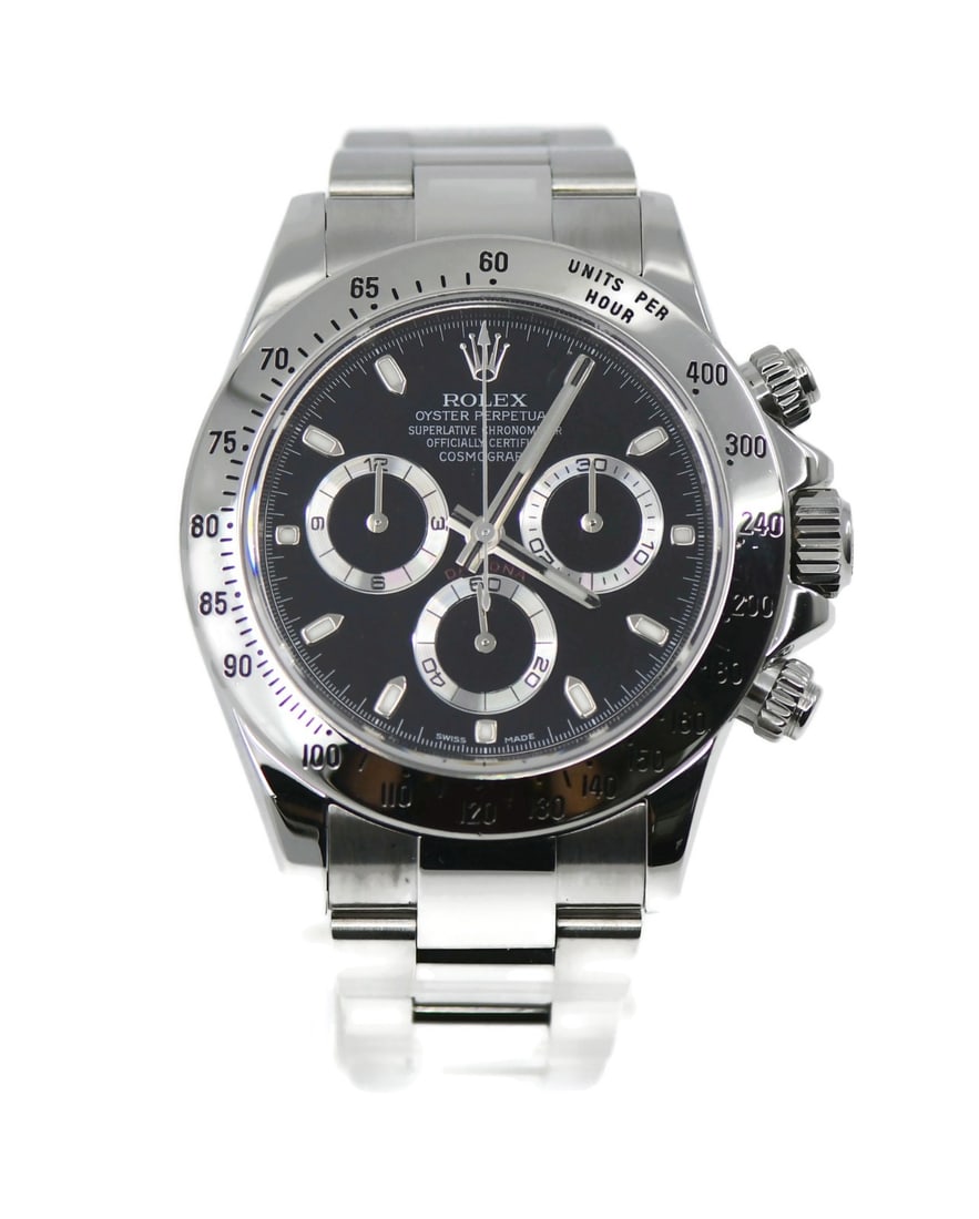 Rolex 116520 Daytona wristwatch stainless steel black dial 40 mm: Rolex 116520 Daytona wristwatch stainless steel black dial 40 mm Pre-owned Rolex Daytona wristwatch in stainless steel with a silver bezel and polished silver case finish. It features a black dial, ro