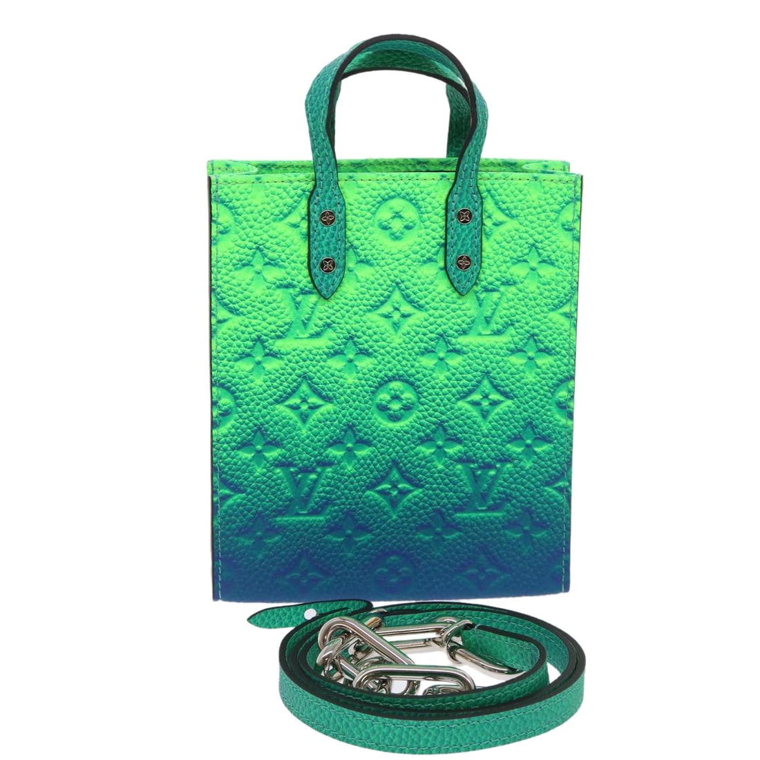 Louis Vuitton M81221 Sac Plat XS Monogram Canvas Hand Bag with Strap: Louis Vuitton M81221 Sac Plat XS Monogram Canvas Hand Bag with Strap This Louis Vuitton Sac Plat XS bag is presented in green and blue Monogram Canvas with a hand bag style. It comes with a dust bag, 