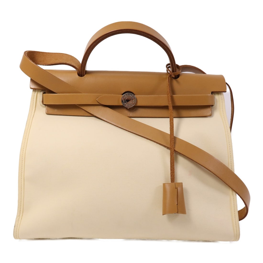 Hermes Herbag PM 2 Way Canvas Leather Shoulder Bag Gold Vanille PHW: Hermes Herbag PM 2 Way Canvas Leather Shoulder Bag Gold Vanille PHW Hermes PHW Herbag PM 2 Way Shoulder Bag in canvas and leather, presented in Gold, Brown, and Vanille tones. It features a 2-way carr