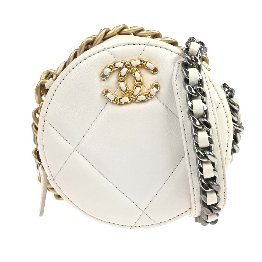 CHANEL Mini Single Chain Shoulder Bag White Lambskin Round: CHANEL Mini Single Chain Shoulder Bag White Lambskin Round Chanel White Lambskin 19 Round Shoulder Bag in mini size, crafted from white lambskin with a leather lining. It features a zip closure, a cro