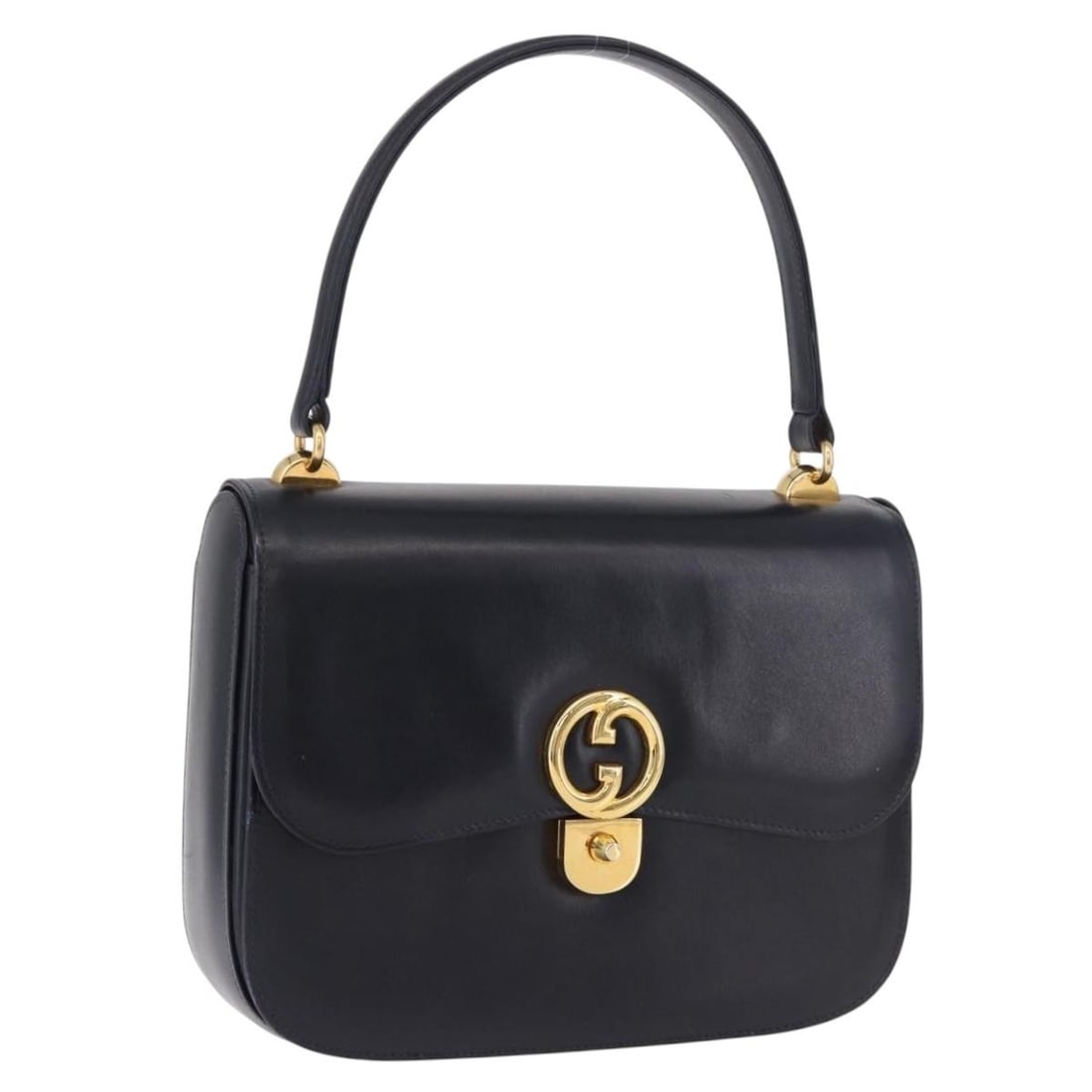 Gucci Navy Leather Handbag Gold Tone Made in Italy: Gucci Navy Leather Handbag Gold Tone Made in Italy Gucci women's hand bag in leather with a navy and gold color scheme. Made in Italy, this bag measures approximately 24 cm wide, 20 cm high, and 7 cm 