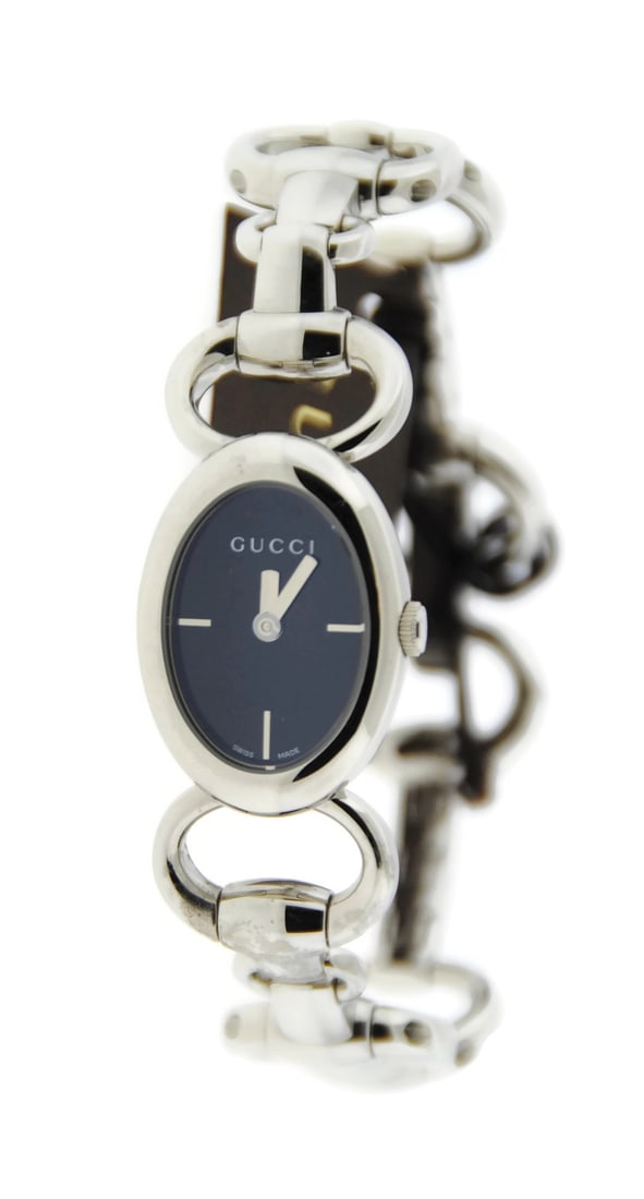 Gucci Tornabuoni YA118501 stainless steel wristwatch with box papers: Gucci Tornabuoni YA118501 stainless steel wristwatch with box papers Women's Gucci Tornabuoni wristwatch with a black dial and stainless steel case and band. It features a quartz (battery) movement, a