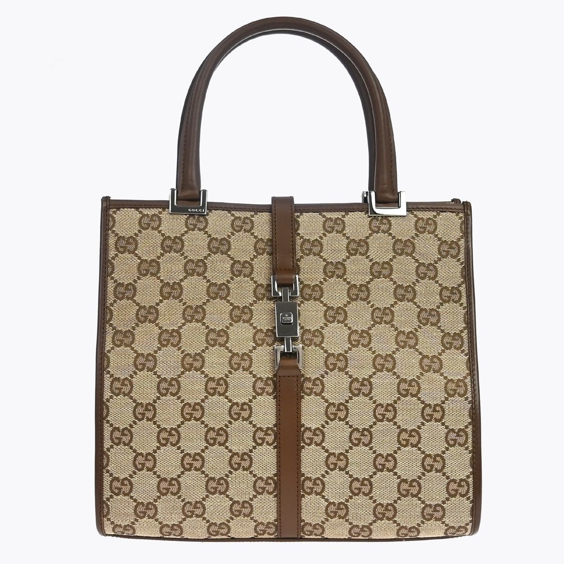Gucci Jackie Medium Handbag Beige GG Canvas Leather Italy: Gucci Jackie Medium Handbag Beige GG Canvas Leather Italy Gucci GG Jackie handbag in beige with a GG pattern and a medium size profile. It is made from canvas and leather, with a brown lining and beig