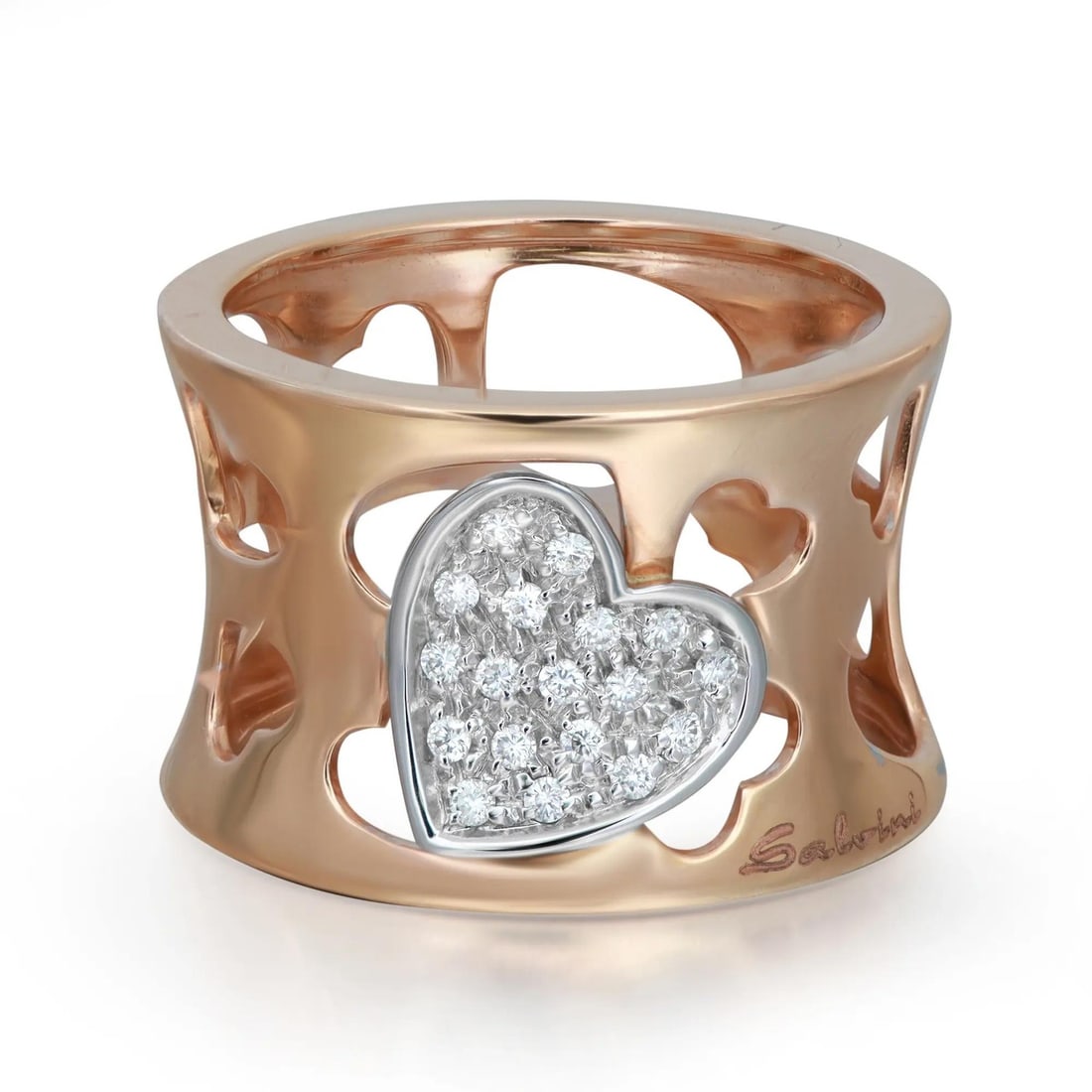 Salvini 18K Rose & White Gold Heart Cutout Band Ring with Diamonds Size 7: Salvini 18K Rose & White Gold Heart Cutout Band Ring with Diamonds Size 7 This exquisite Salvini ring features a modern design crafted from 18K rose and white gold. The ring showcases charming heart c