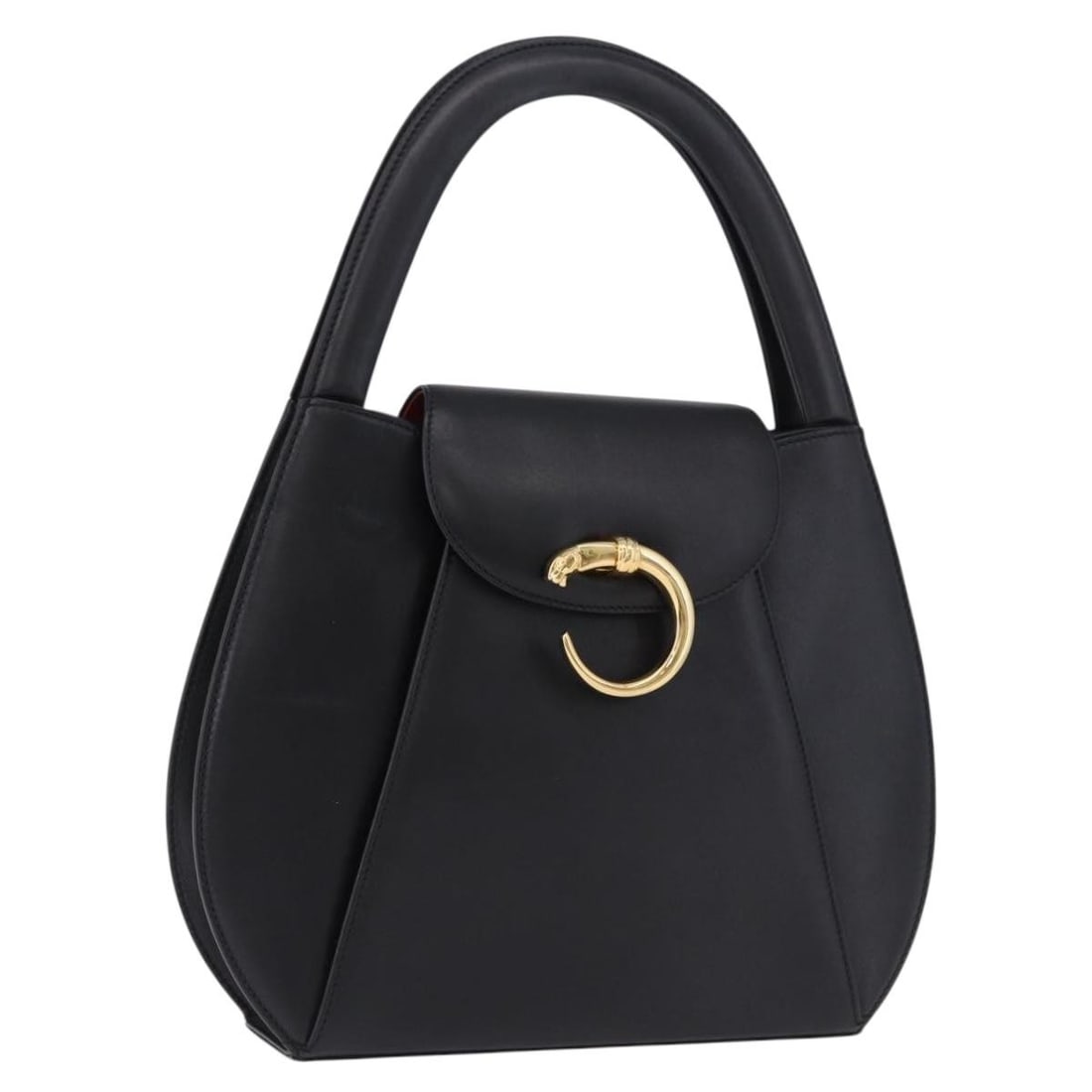 Cartier Panthere Black Leather Handbag Gold Tone: Cartier Panthere Black Leather Handbag Gold Tone A Cartier Panthere leather handbag in black with gold-tone accents. It features a structured hand bag style and comes with the item shown in the photo 