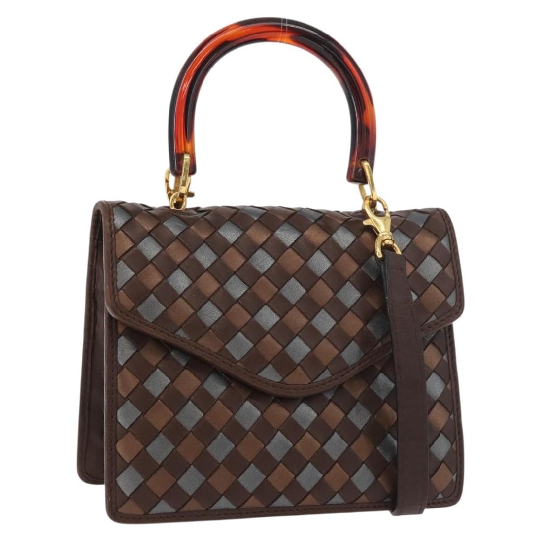 Bottega Veneta Intrecciato Leather 2way Handbag Brown Gold Strap: Bottega Veneta Intrecciato Leather 2way Handbag Brown Gold Strap Bottega Veneta Intrecciato leather 2way hand bag in brown and gold, made in Italy. It comes with a shoulder strap and features a reason