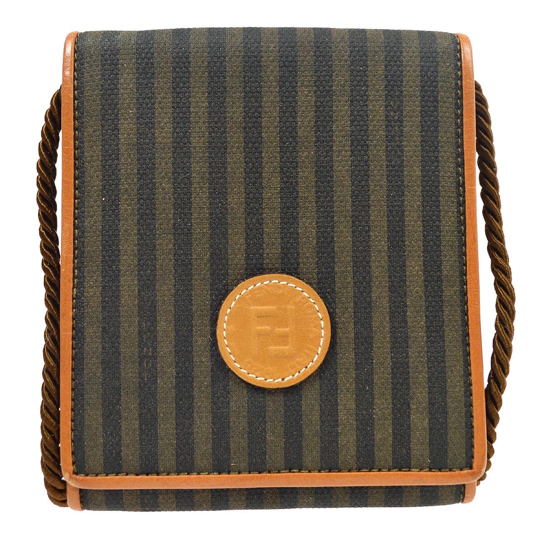 Fendi Pequin Small Shoulder Pochette Brown Canvas Leather Bag: Fendi Pequin Small Shoulder Pochette Brown Canvas Leather Bag Compact Fendi Pequin pochette shoulder bag in brown and black canvas with leather trim. This women's bag features the Pequin pattern, logo