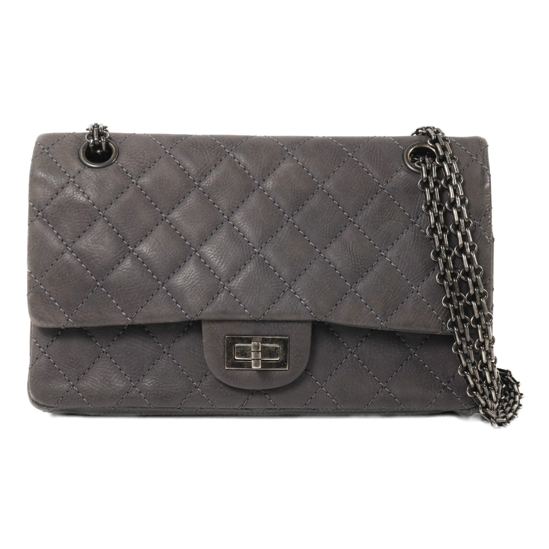 Chanel 2.55 Small Shoulder Bag Gray Calfskin CC SHW: Chanel 2.55 Small Shoulder Bag Gray Calfskin CC SHW A CHANEL 2.55 small chain shoulder bag in gray calfskin (cowhide) leather with silver-tone hardware. It features a turn lock closure, one outside op
