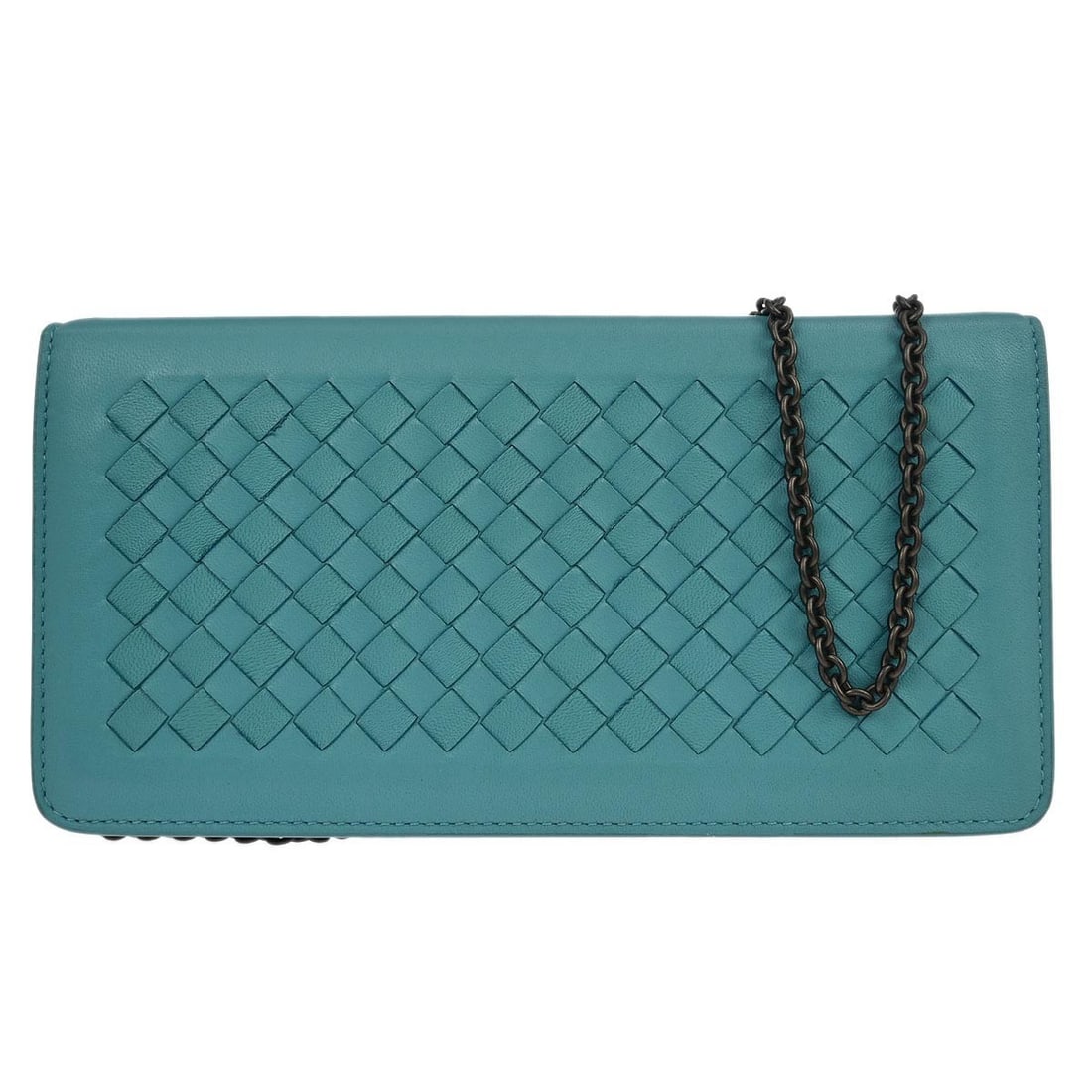Bottega Veneta Intrecciato lambskin wallet on chain in blue: Bottega Veneta Intrecciato lambskin wallet on chain in blue Blue Bottega Veneta wallet on chain shoulder bag crafted in lambskin leather with the brand's Intrecciato design. This folding style feature