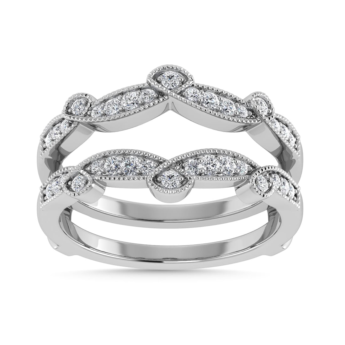 Diamond 1/4 Ct.Tw. Guard Ring in 14K White Gold: Diamond 1/4 Ct.Tw. Guard Ring in 14K White Gold 14k White Gold Stone Color: G-h Stone Clarity: Si2 Each ring is presented in standard size 6.5. Complimentary resizing is available between sizes 510 (i