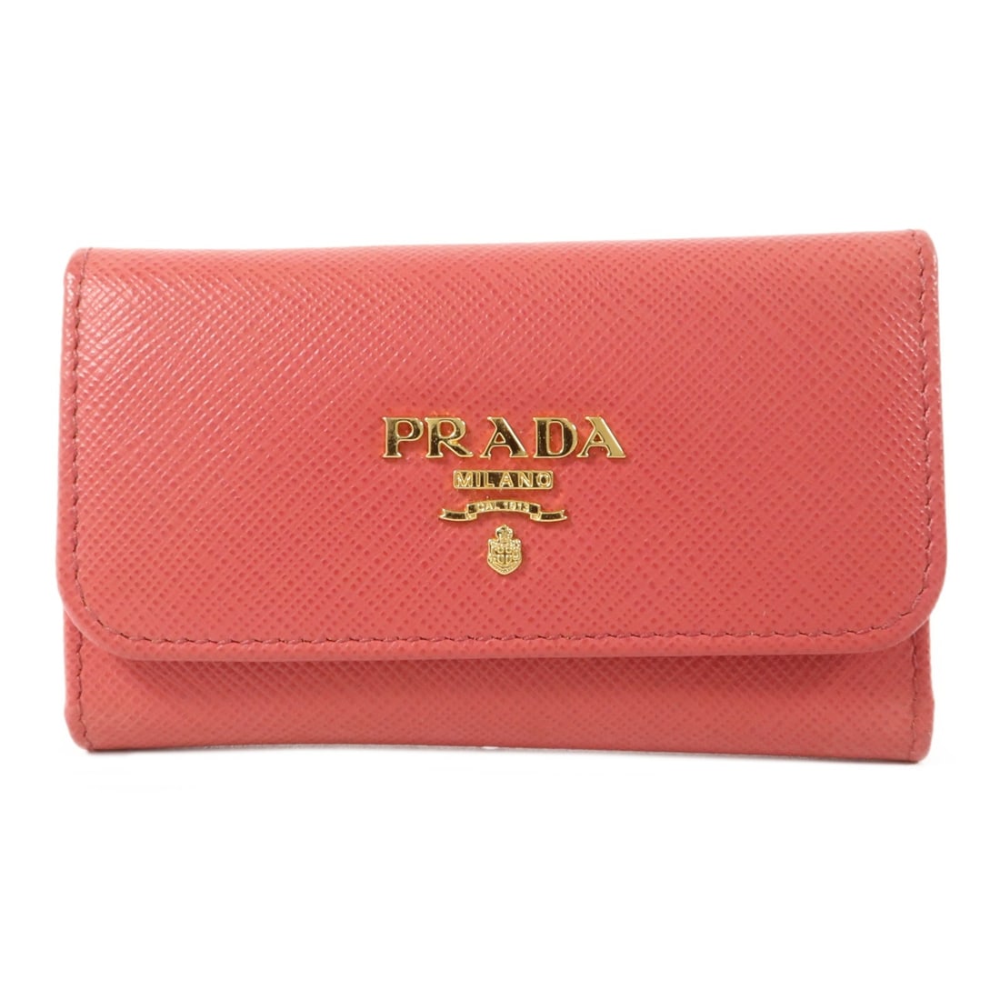 PRADA Saffiano Leather Key Holder Case Pink GHW: PRADA Saffiano Leather Key Holder Case Pink GHW Prada key holder case in pink calfskin (cowhide) with Saffiano leather finish. Designed for women, it features a hook button closure, six hooks, and two