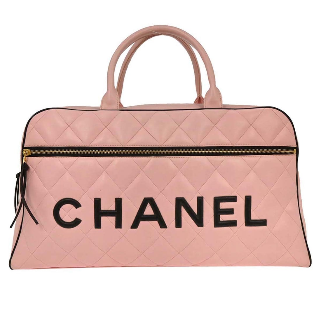 Vintage Chanel Bowling 50 Pink Calfskin Duffle Bag: Vintage Chanel Bowling 50 Pink Calfskin Duffle Bag Vintage Chanel bowling bag in pink calfskin with double handles and a zip closure. This extra large women's duffle-style handbag features a black lin