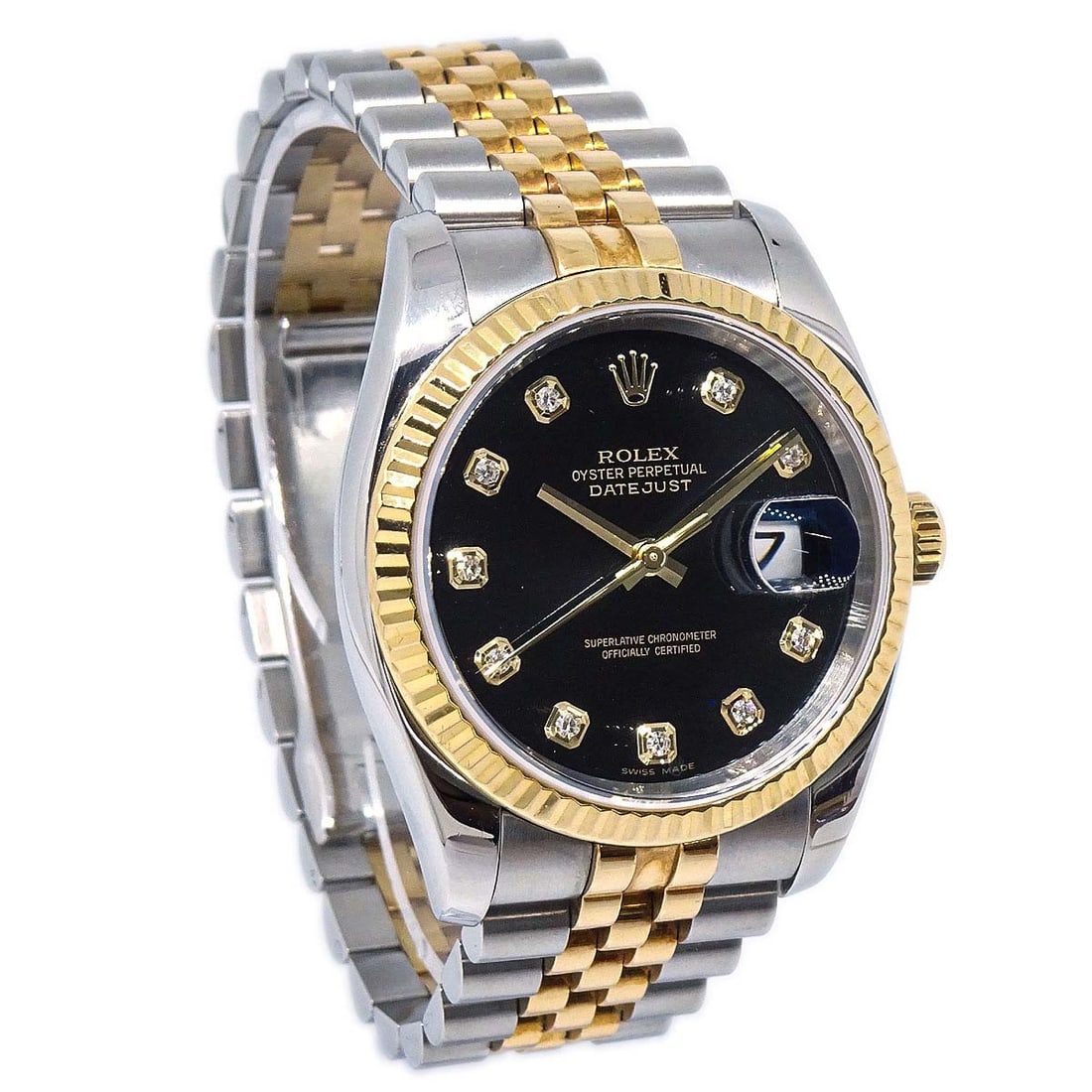 Rolex Datejust 36mm Ref 116233G Men's Automatic Two Tone Watch: Rolex Datejust 36mm Ref 116233G Men's Automatic Two Tone Watch Rolex Oyster Perpetual Datejust 36mm Ref. 116233G self-winding wristwatch with a black dial and analog display. It features a stainless s