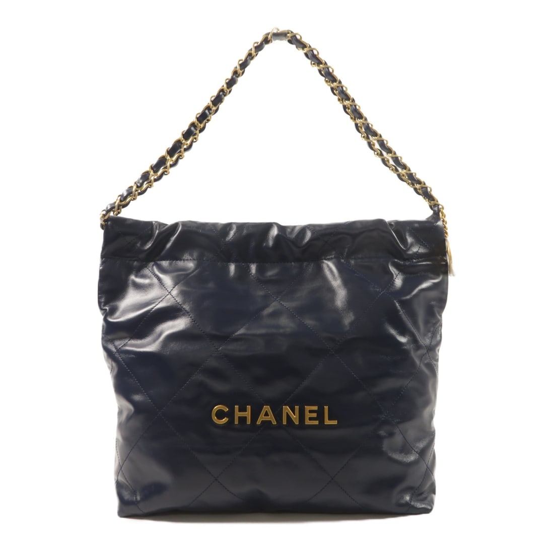 CHANEL C22 CC Small Shoulder Bag Navy Blue Calfskin Chain: CHANEL C22 CC Small Shoulder Bag Navy Blue Calfskin Chain CHANEL CC C22 Small Chain Shoulder Bag in blue and navy calfskin leather. This women's shoulder bag features a chain shoulder strap, a magneti