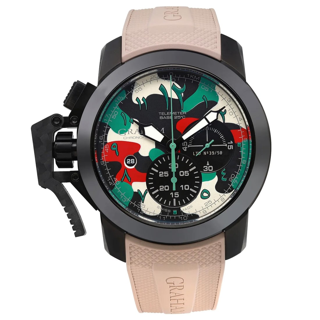Graham Chronofighter 47mm Limited Edition Camouflage Dial Automatic Watch: Graham Chronofighter 47mm Limited Edition Camouflage Dial Automatic Watch Introducing the Graham Chronofighter, a luxurious wristwatch with a striking 47mm case. This limited edition timepiece feature