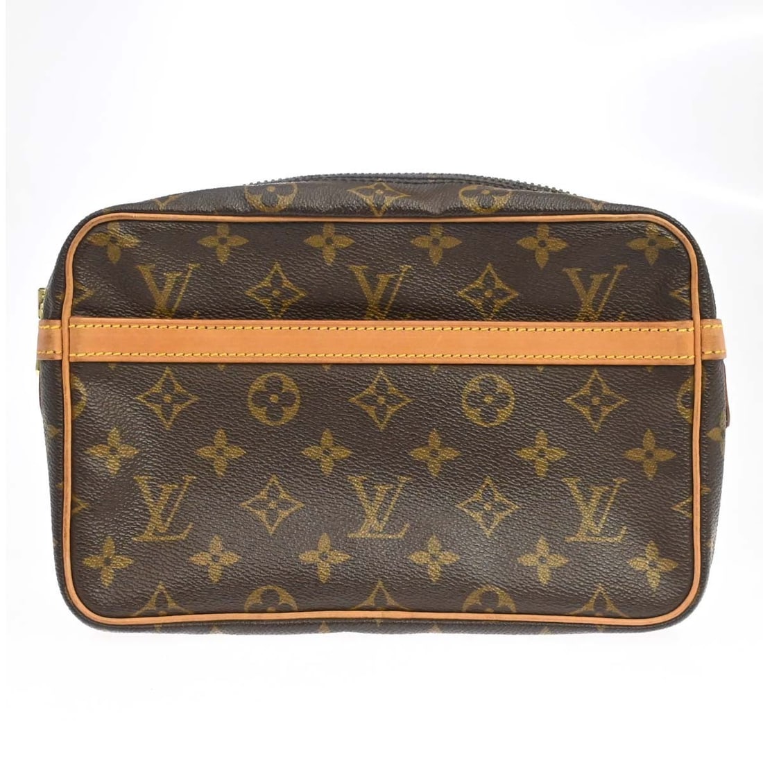 Louis Vuitton Compiegne 23 Monogram Canvas Clutch Bag M51847: Louis Vuitton Compiegne 23 Monogram Canvas Clutch Bag M51847 Vintage Louis Vuitton Compiegne 23 clutch bag in brown Monogram canvas with leather trim and a zip closure. The bag shows reasonable wear a