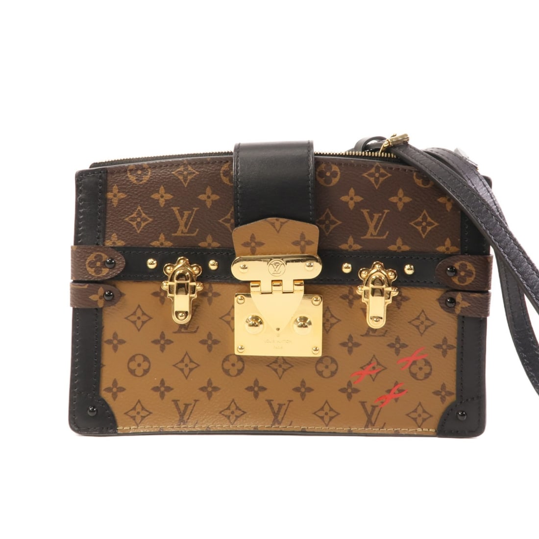 Louis Vuitton M43596 Trunk Clutch Shoulder Bag Monogram Reverse Brown: Louis Vuitton M43596 Trunk Clutch Shoulder Bag Monogram Reverse Brown A Louis Vuitton Trunk Clutch shoulder bag in brown Monogram Reverse and PVC coated canvas. This model M43596 features gold-tone ha