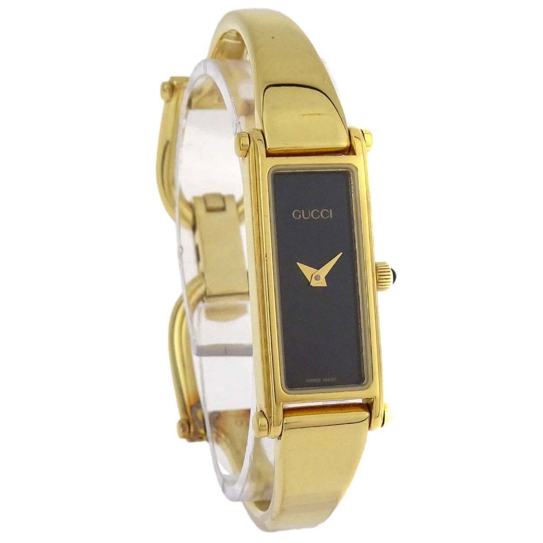Gucci 1500L Gold Plated Women's Quartz Wristwatch Swiss Made: Gucci 1500L Gold Plated Women's Quartz Wristwatch Swiss Made Gucci 1500L quartz wristwatch in gold plated finish with a rectangular case and gold plated band. It features a gold dial with stick indexe