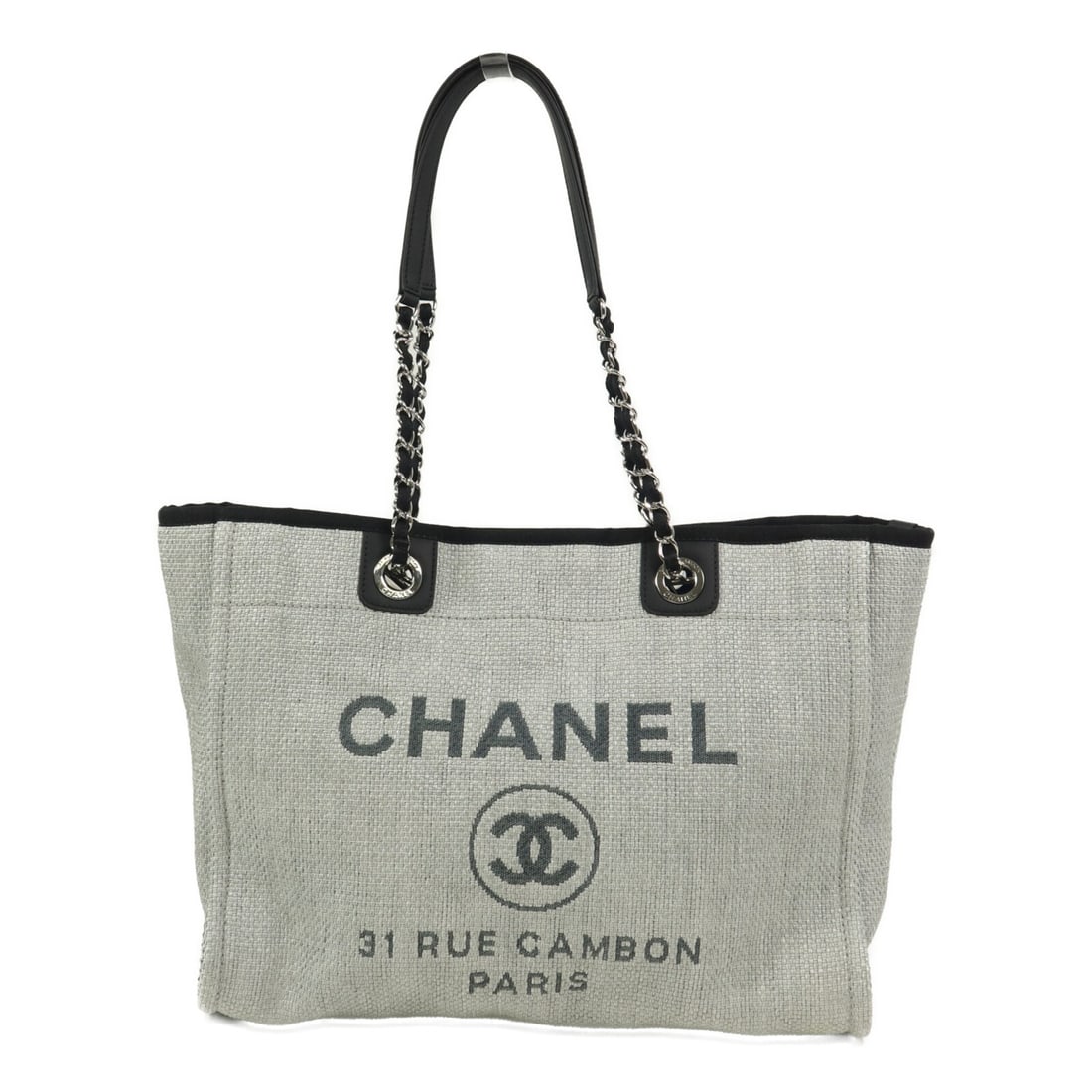 CHANEL Deauville Medium Raffia Tote Gray CC Silver Hardware: CHANEL Deauville Medium Raffia Tote Gray CC Silver Hardware CHANEL Deauville Medium Tote Bag in gray raffia with silver-tone hardware. It features a magnetic pocket, one open interior pocket, and one 