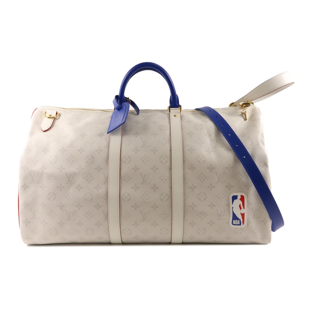 Louis Vuitton Keepall Bandouliere 55 M45586 LV x NBA Monogram Antarctica Bag: Louis Vuitton Keepall Bandouliere 55 M45586 LV x NBA Monogram Antarctica Bag This LOUIS VUITTON LV x NBA Keepall Bandouliere 55 is a 2-way shoulder bag in gray and white Monogram Antarctica. It is mad
