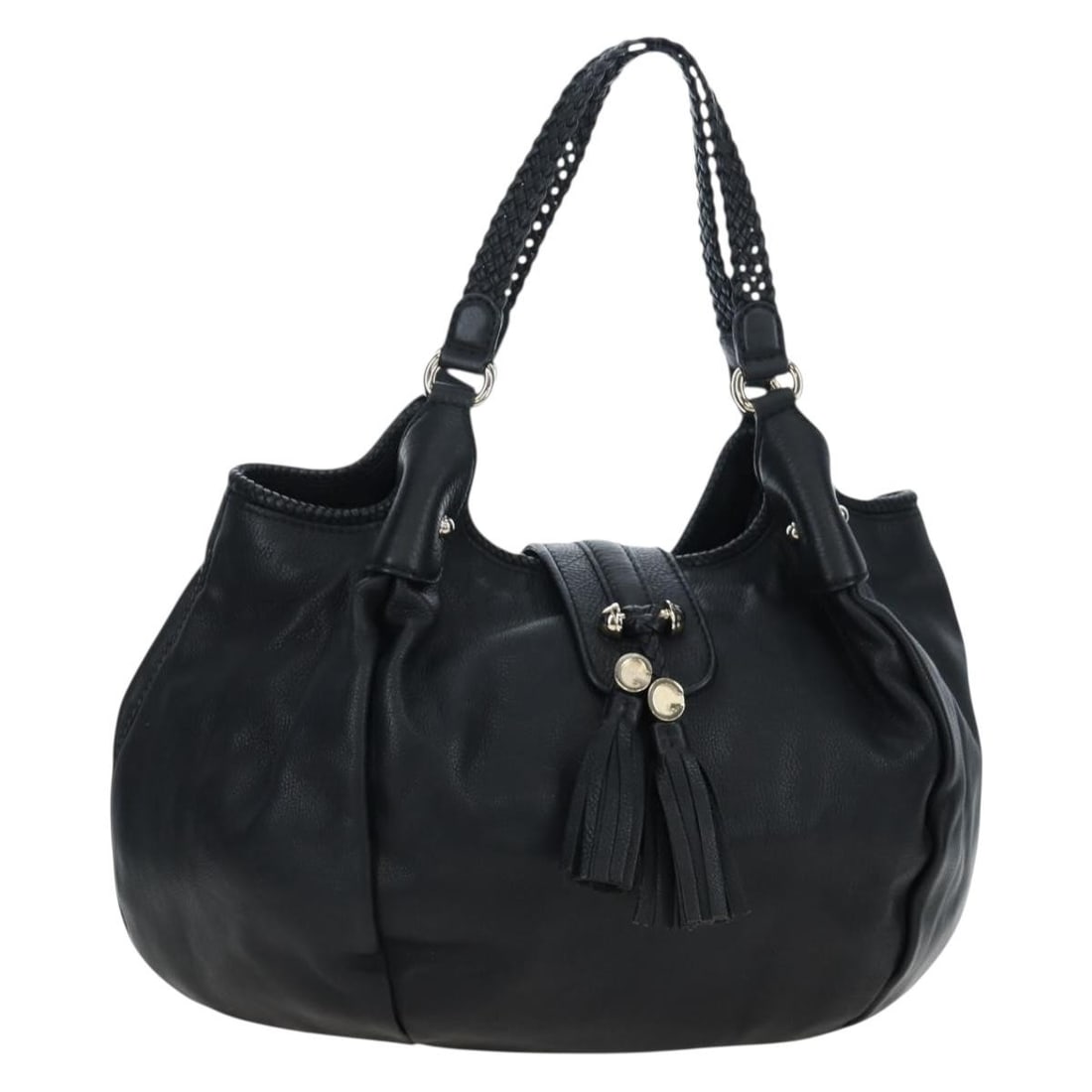 Gucci 257029 Black Leather Fringe Tote Bag with Dust Bag: Gucci 257029 Black Leather Fringe Tote Bag with Dust Bag Black and gold leather fringe tote bag made in Italy. It includes a dust bag and is described as being in excellent condition, with no remarkab