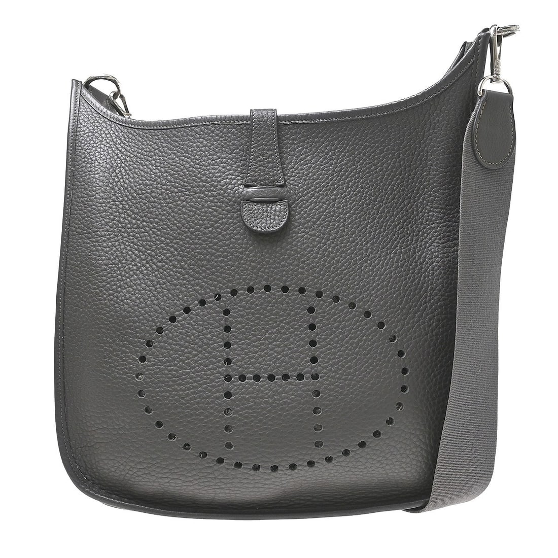 Hermes Evelyne Gen III GM Gray Taurillon Clemence Shoulder Bag: Hermes Evelyne Gen III GM Gray Taurillon Clemence Shoulder Bag Hermes Evelyne 1 GM shoulder bag in gray Taurillon Clemence leather, made in France. It features a snap closure, detachable strap, logo a